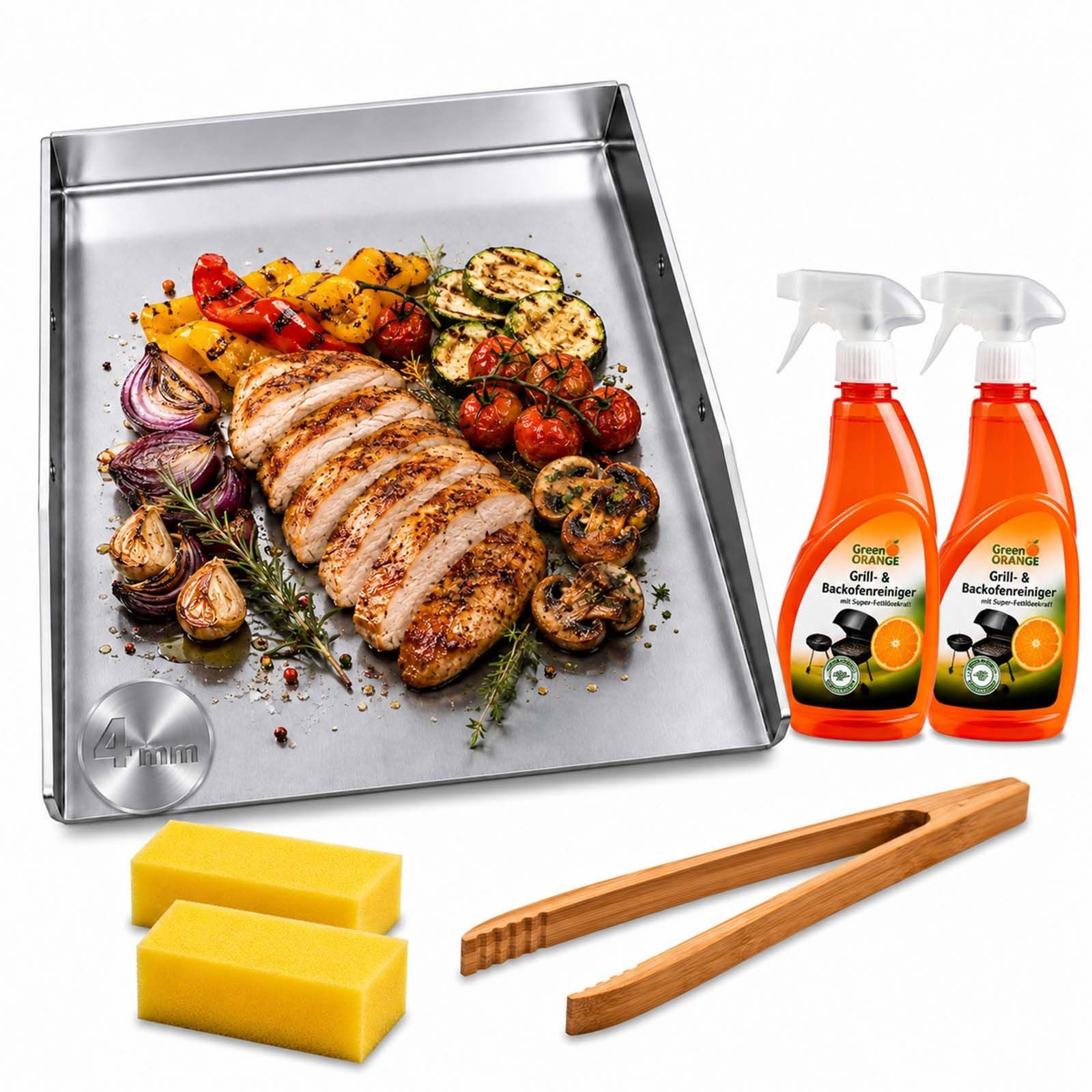 BURI Grillplatte Plancha Grillplatte 40x30cm Edelstahl Set Holzgrillzange Grillreiniger