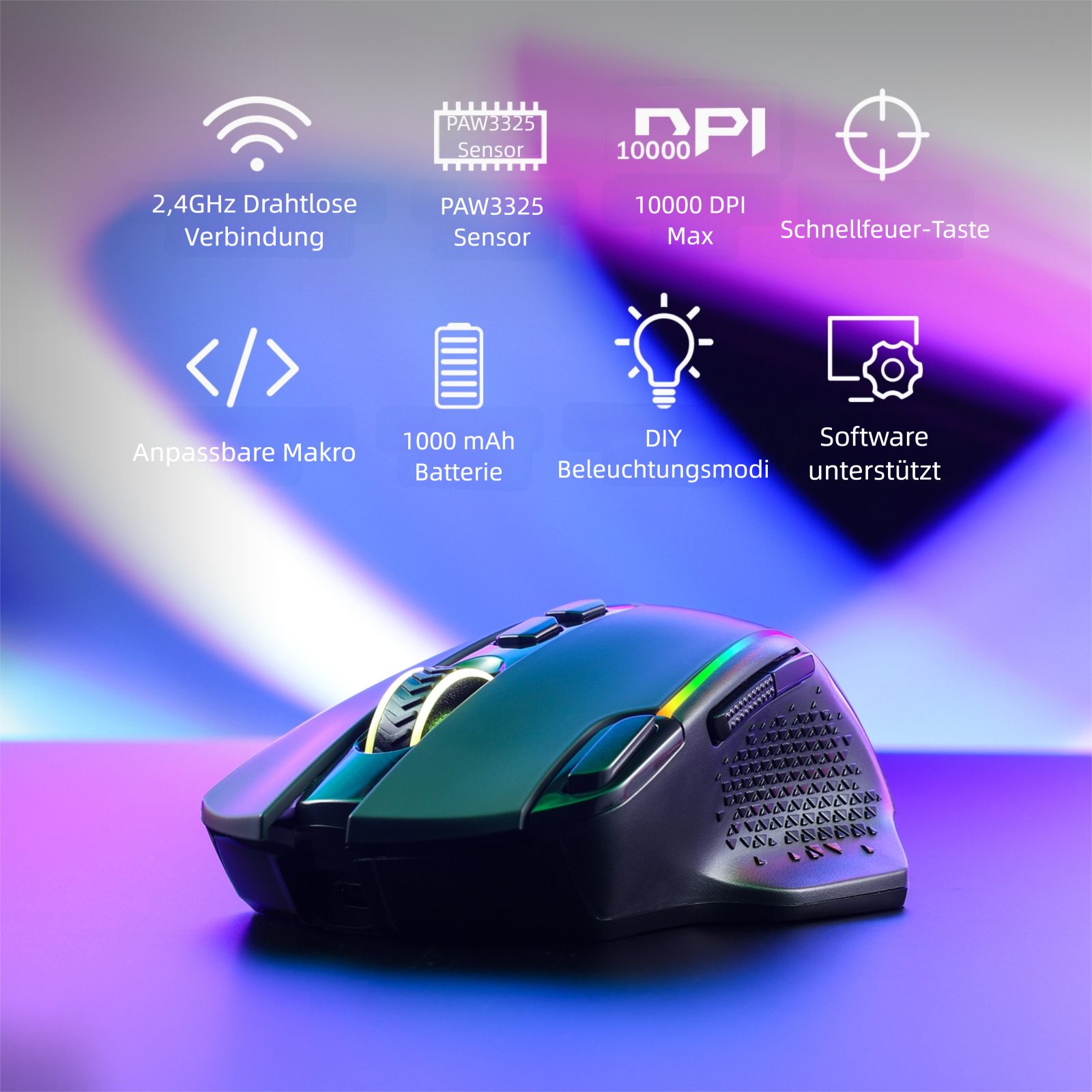 Redragon M810 Pro Kabellos/Kabelgebunden Maus, 10000 DPI, Schnellfeuertaste Gaming-Maus (2,4 GHz Drahtlos (via Nano-Empfänger), Makrofunktion & True Color)