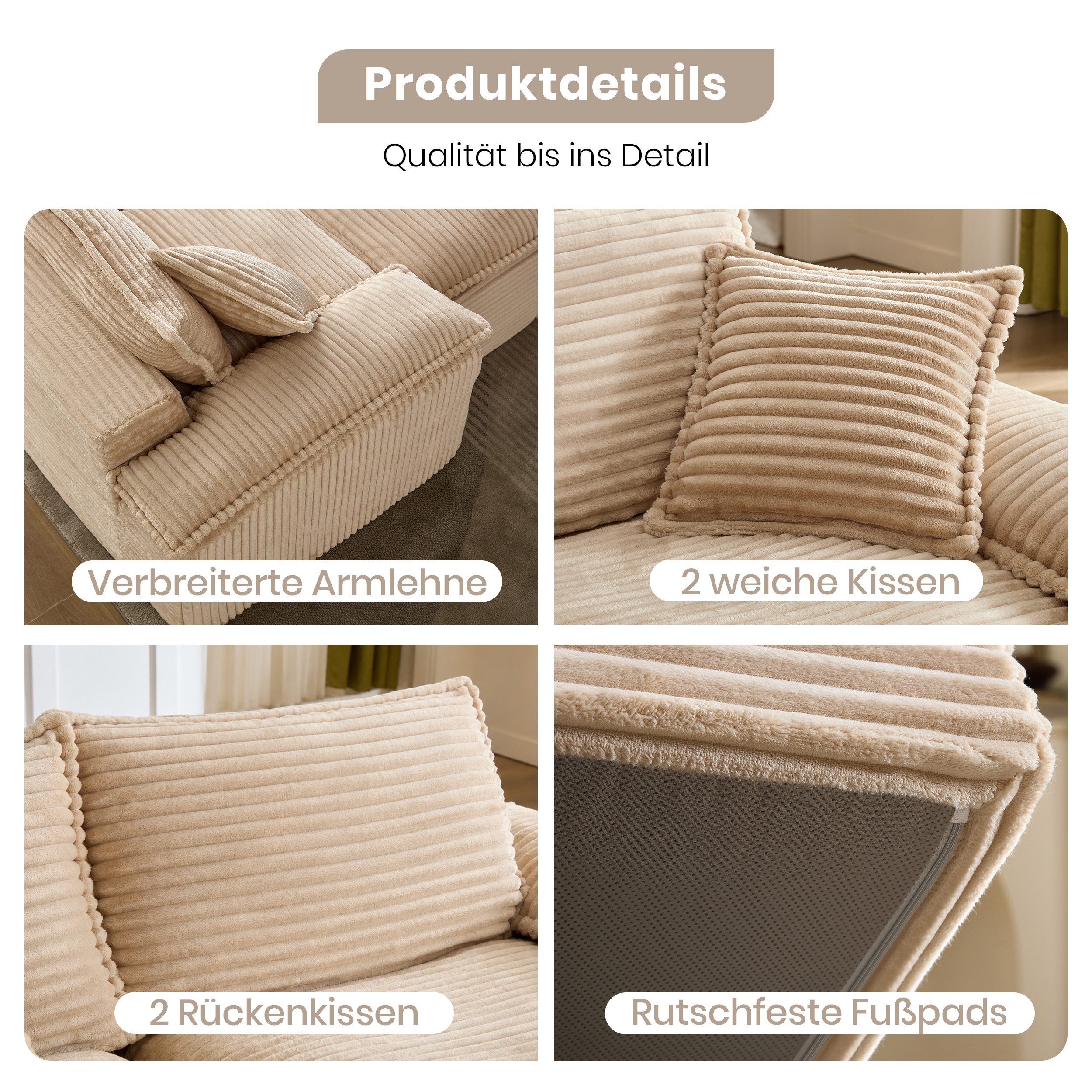 Vankel Schlafsofa Modulares Schlafsofa, 2-Sitzer Wohnzimmer Sofa mit Kissen, Bodensofa Cord Couch mit Hocker, Armlehne und Memory-Schaum