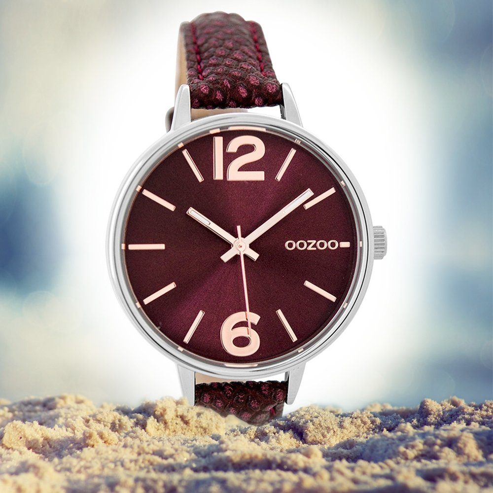 OOZOO Quarzuhr Oozoo Damen Armband-Uhr Lederarmband, mittel Damenuhr 38mm) rund, Fashion-Style (ca. weinrot