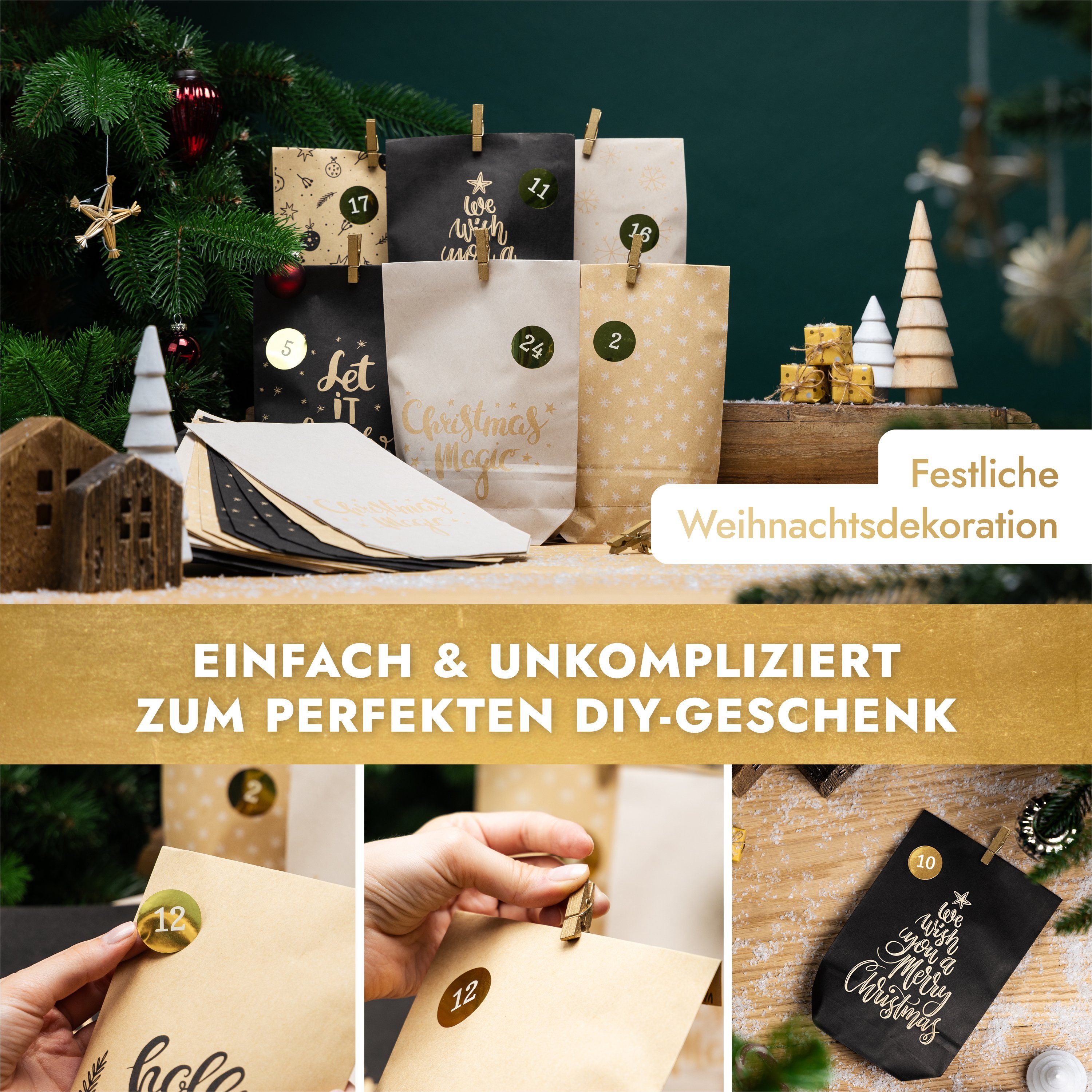 Amari befüllbarer Adventskalender Adventskalender zum Befüllen 2026, 24 Papiertüten 14×22 cm mit Zahlen (DIY Set, 72-tlg), Designs für Kinder & Erwachsene, wied – Bild 5 von 5