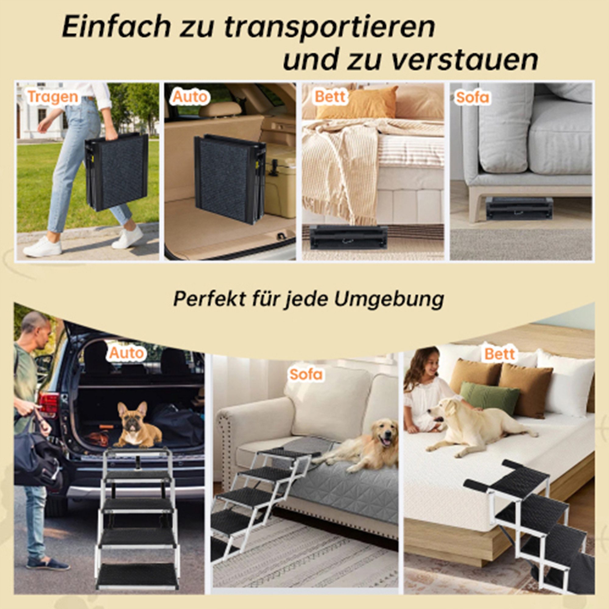 i@home Hunderampe Klappbare Extra breite/Aluminium-Hunderampe mit 5 Stufen, rutschfeste Oberfläche & weicher Schaumstoffgriff belastbar bis 110 kg