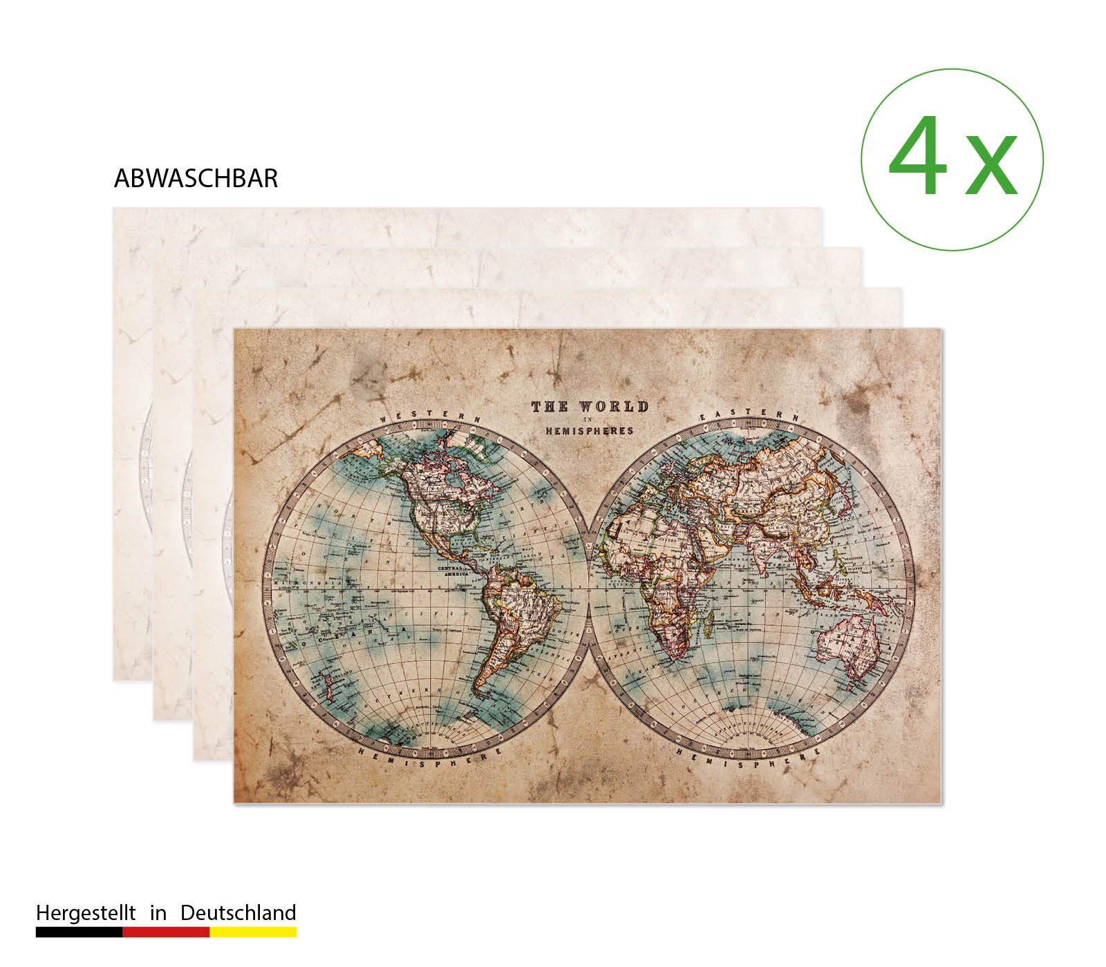 cover-your-desk.de Platzset Tischset, Platzset abwaschbar - Historische Weltkarte - aus Premium Vinyl (Kunststoff - BPA-frei) - 4 Stück - 44 x 32 cm - rutschfeste Tischdekoration!, (4-St)