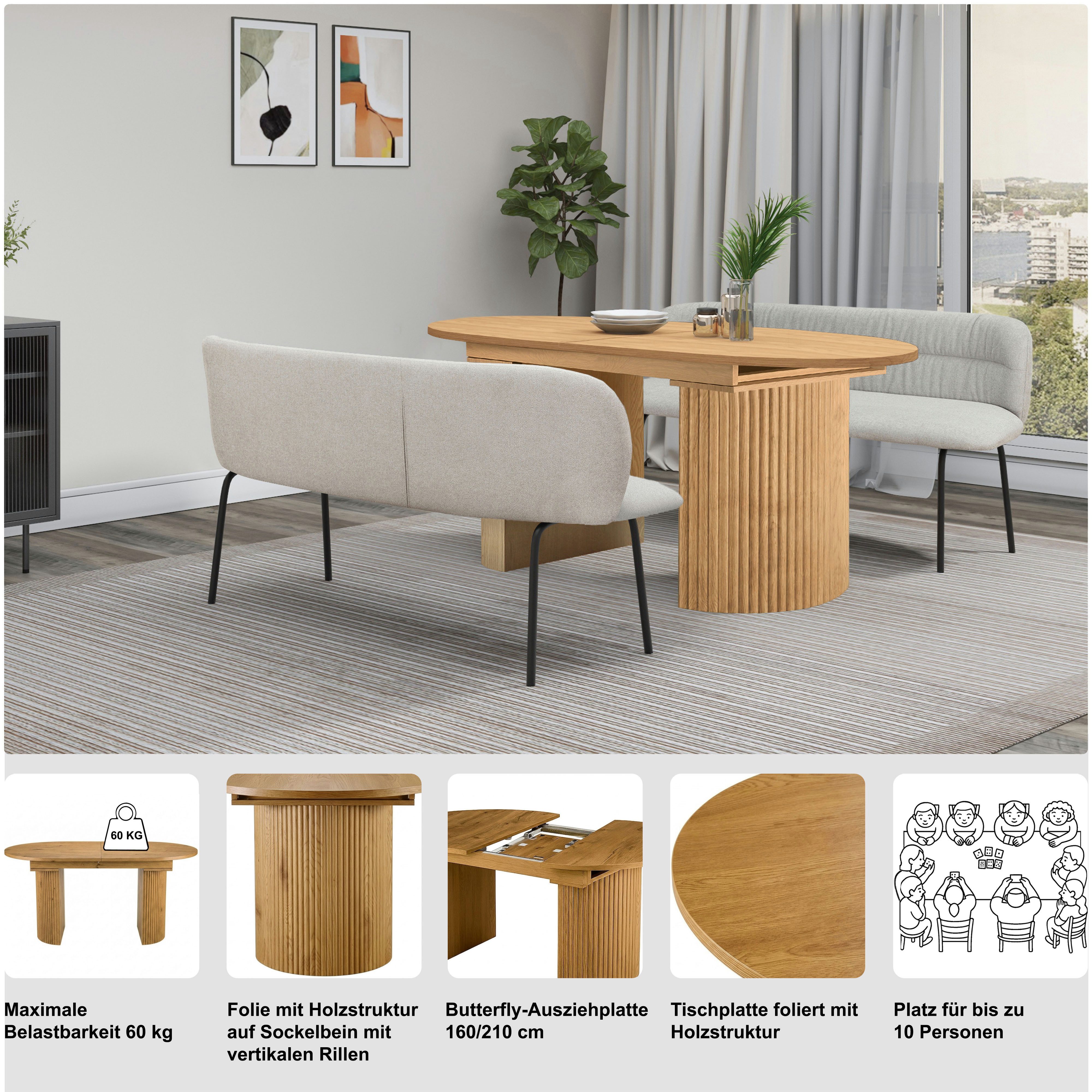 OTTO home Esstisch Gartempe, ausziehbar 160-210 cm, Synchronauszug, inkl Einlegeplatte, Breite 90cm