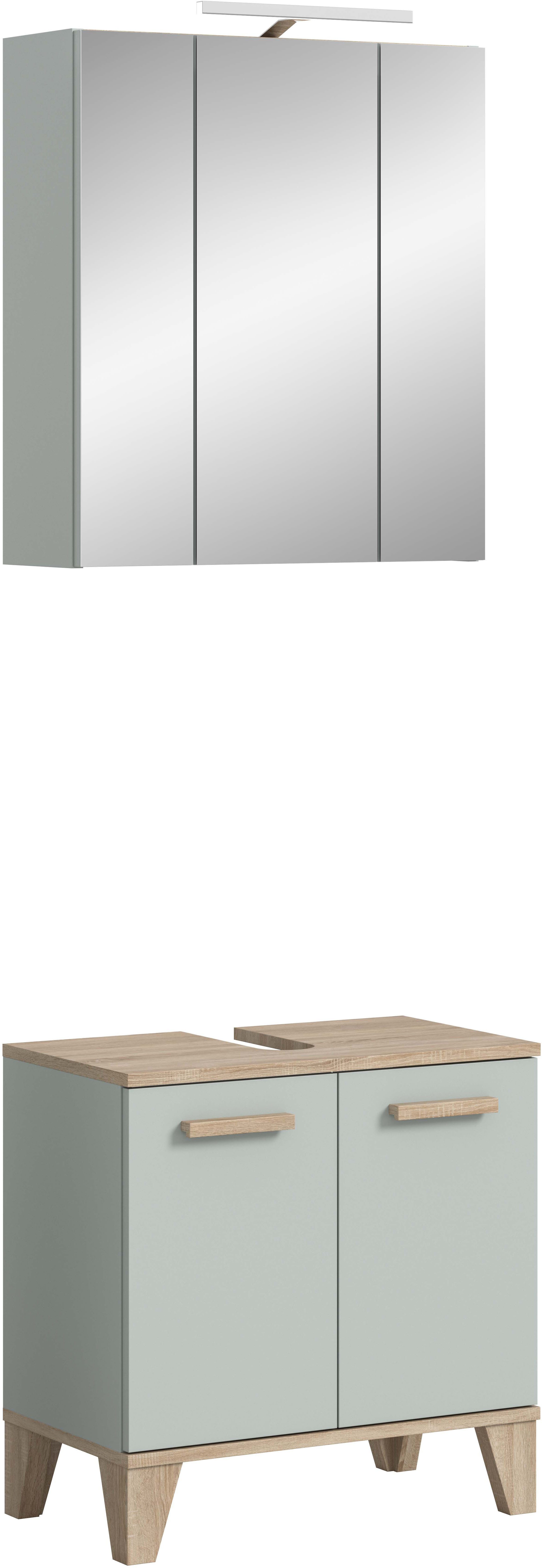 welltime Badmöbel-Set MINTTU, 2-teilige moderne Badkombi im SCANDI-Look, inkl. Beleuchtung, (2-St., bestehend aus: Waschbeckenunterschrank & Spiegelschrank), Bad-Kombination, Bad-Möbel, Badezimmer, Kombination, Kombi, Bad-Set