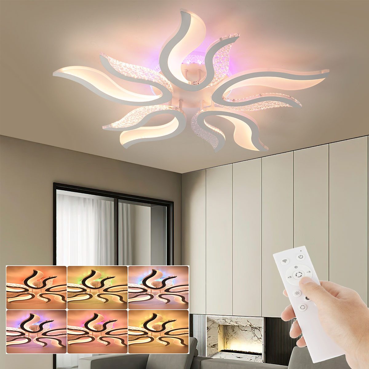 oyajia LED Deckenleuchte 54W Deckenleuchte mit RGB Farbwechsel Lamp, Dimmbar mit Fernbedienung, LED fest integriert, Kaltweiß/Naturweiß/Warmweiß+RGB Hintergrundbeleuchtung Farbwechsel, Modern Blumenform Deckenlampe für Schlafzimmer Kinderzimmer Wohnzimmer