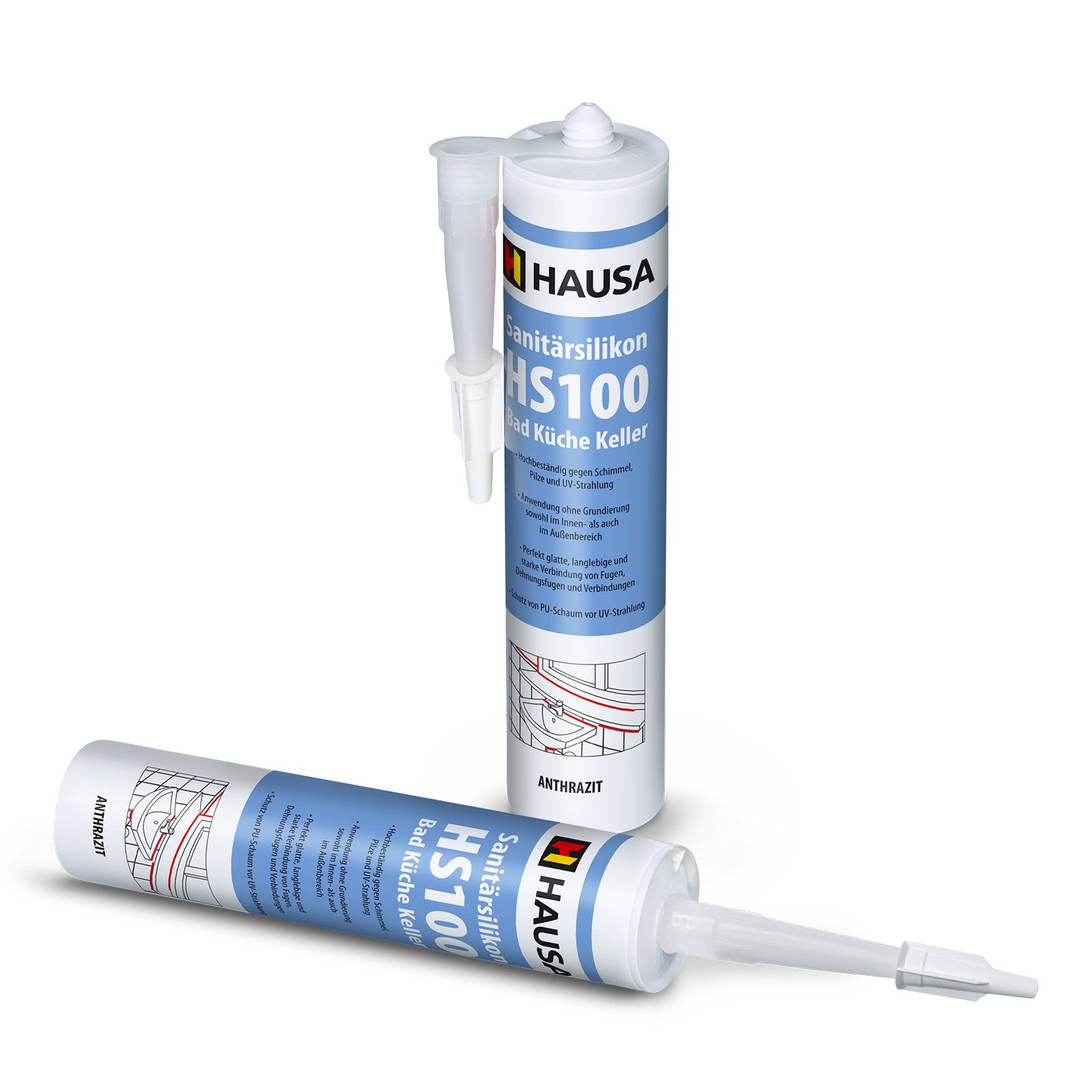 Hausa Silikon Dichtmasse Fuge, Sanitärsilikon HS100, Kartusche 310 ml, (schimmelresistent, 2-tlg., Verfugen Bad Dusche Küche acetatvernetzend), antischimmel Sanitär Silikon zum Abdichten