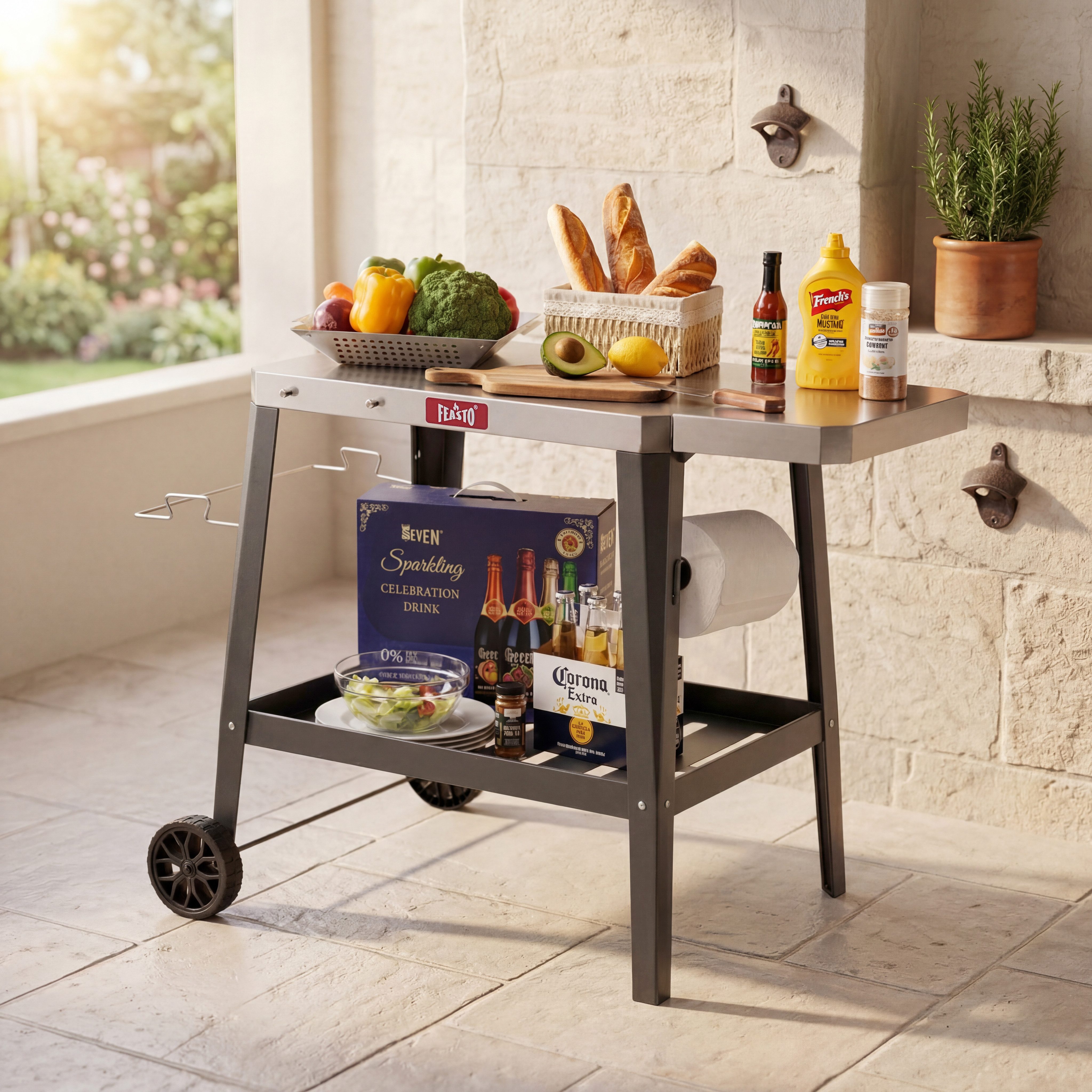 Feasto Servierwagen Grillwagen mit Seitenablage und Edelstahl-Arbeitsplatte, Vielseitiger Grillablagetisch für Garten und BBQ, 95 x 67 x 80 cm
