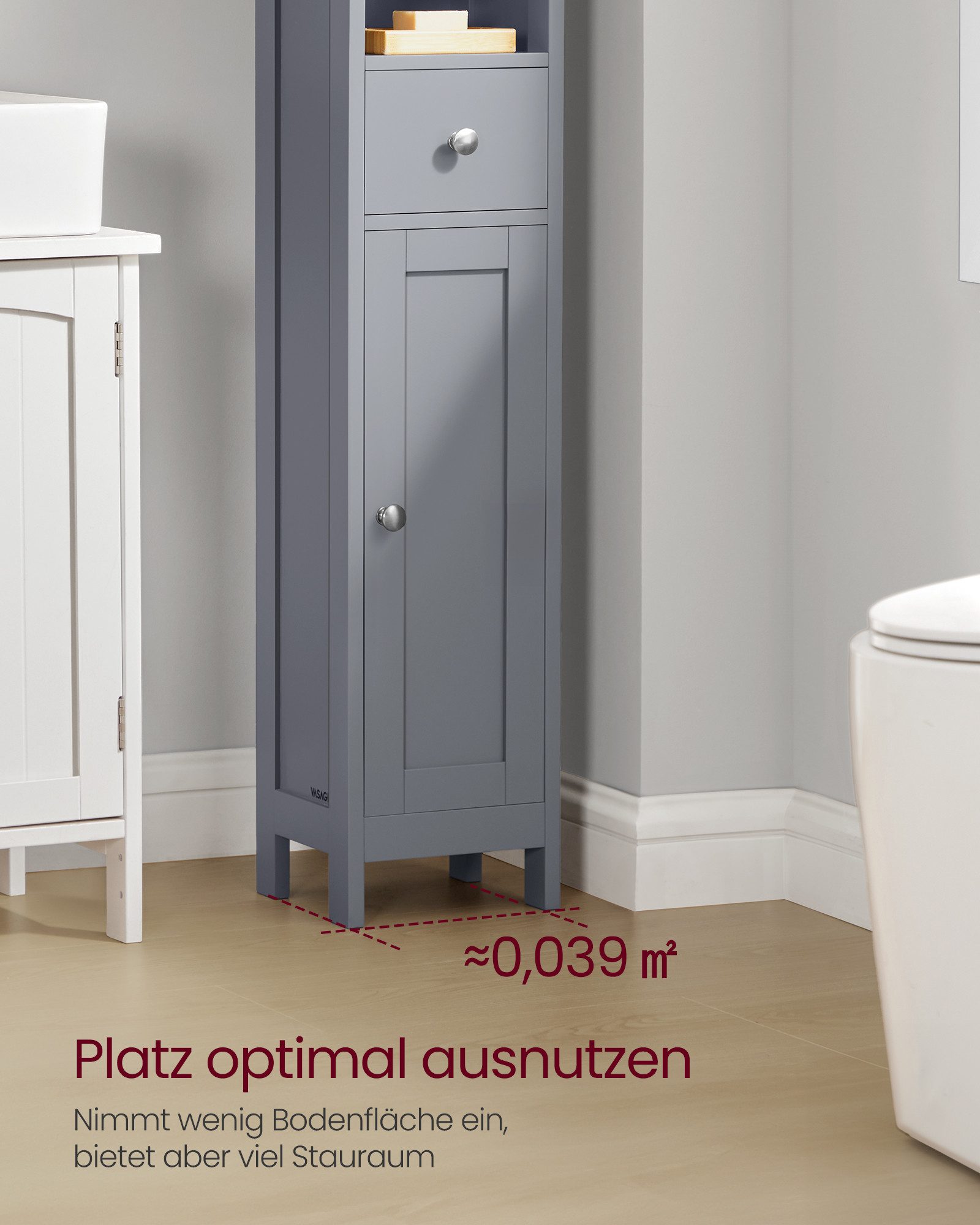 VASAGLE Badkommode Badezimmerschrank Badschrank, hoch, schmaler Aufbewahrungsschrank, mit verstellbaren Ablagen, Schublade, offenen Fächern