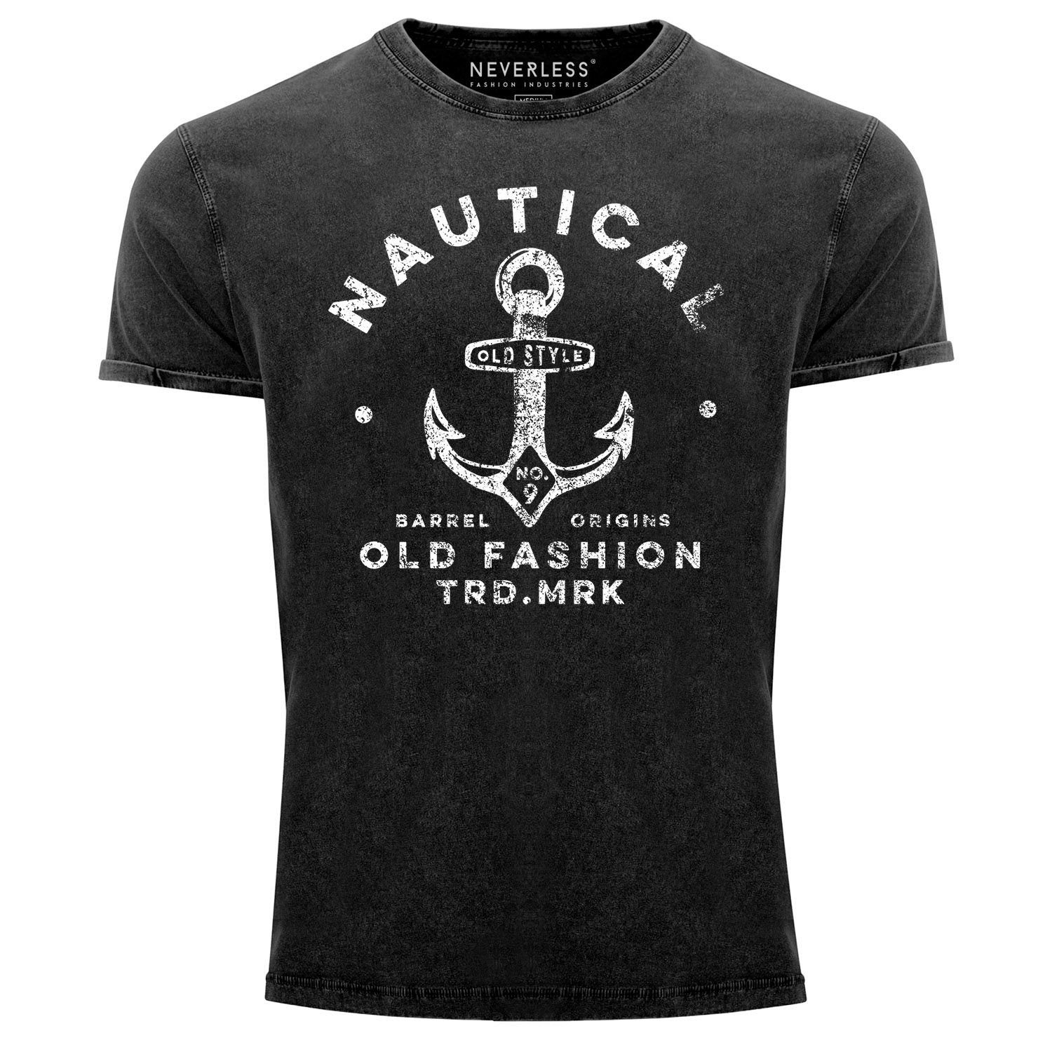 Neverless Print-Shirt Herren Vintage Shirt Anker Motiv Nautical Old Fashion Printshirt Used Look Slim Fit Neverless® mit Print schwarz
