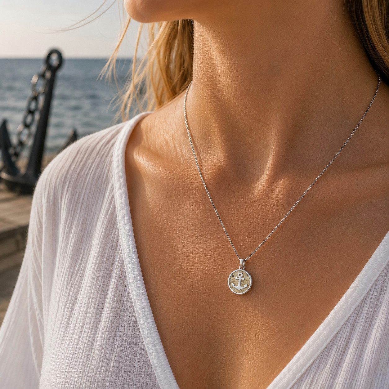 DUR Kette mit Anhänger Halskette Anker 2.0 K2964, 45 cm – Symbol für Halt & Verbundenheit, Maritimer Anhänger aus 925er Silber mit Strandsand