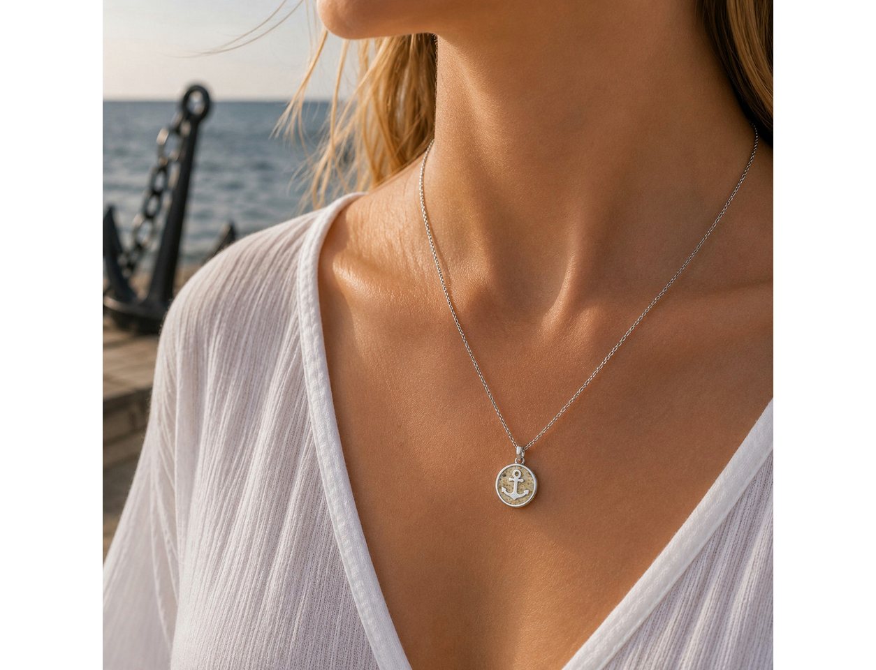 DUR Kette mit Anhänger Halskette Anker 2.0 K2964, 45 cm – Symbol für Halt & Verbundenheit, Maritimer Anhänger aus 925er Silber mit Strandsand