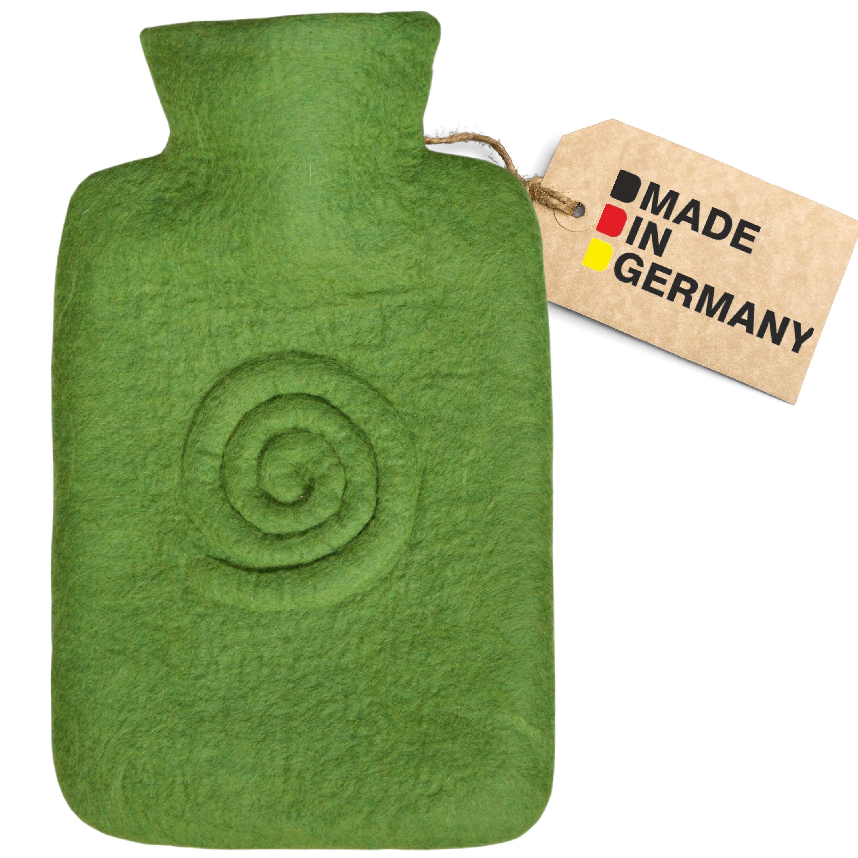 Hugo Frosch Wärmflasche Klassik 1,8 l mit Filzbezug aus 100% Merino-Wolle, Filz Spirale Grün - langlebige Bettflasche, handgemachter Überzug