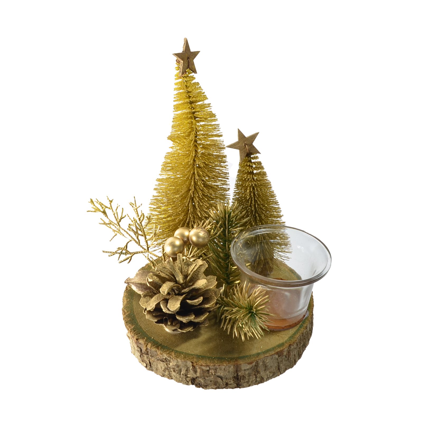 B&S Teelichthalter Weihnachts Teelichtglas auf Holzplatte in Goldtönen Ø 14 cm
