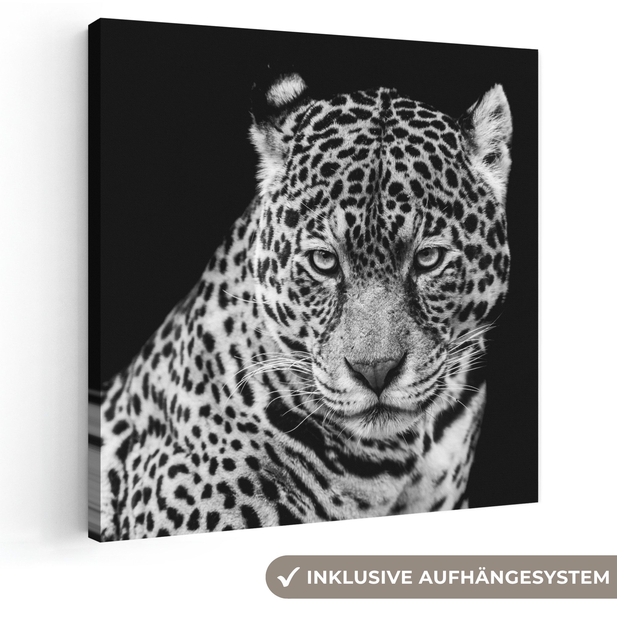 OneMillionCanvasses® Leinwandbild Leopard - Tiere - Schwarz - Weiß - Porträt, Fotodruck (1 St), Wandbild, Deko Schlafzimmer Wohnzimmer Flur 20x20 cm