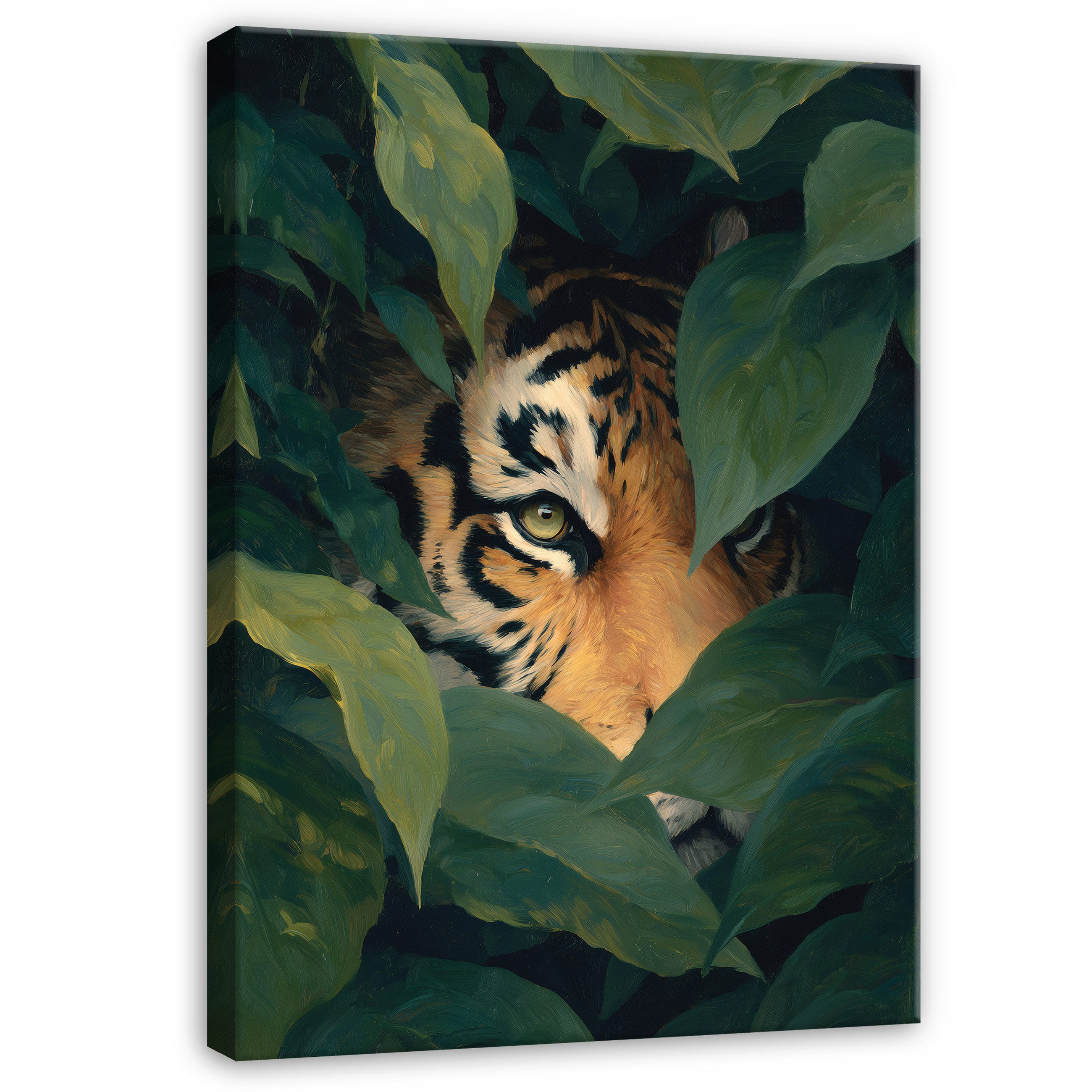 Wallarena Leinwandbild Tiger Blätter Grün Natur Modern Wandbilder Wand Deko XXL Bilder, Tiger (groß Bilder Wohnzimmer Schlafzimmer Einteilig, 1 St), Bilder Klein Wohnzimmer Schlafzimmer Küche Wandbild Wand Deko 40x30