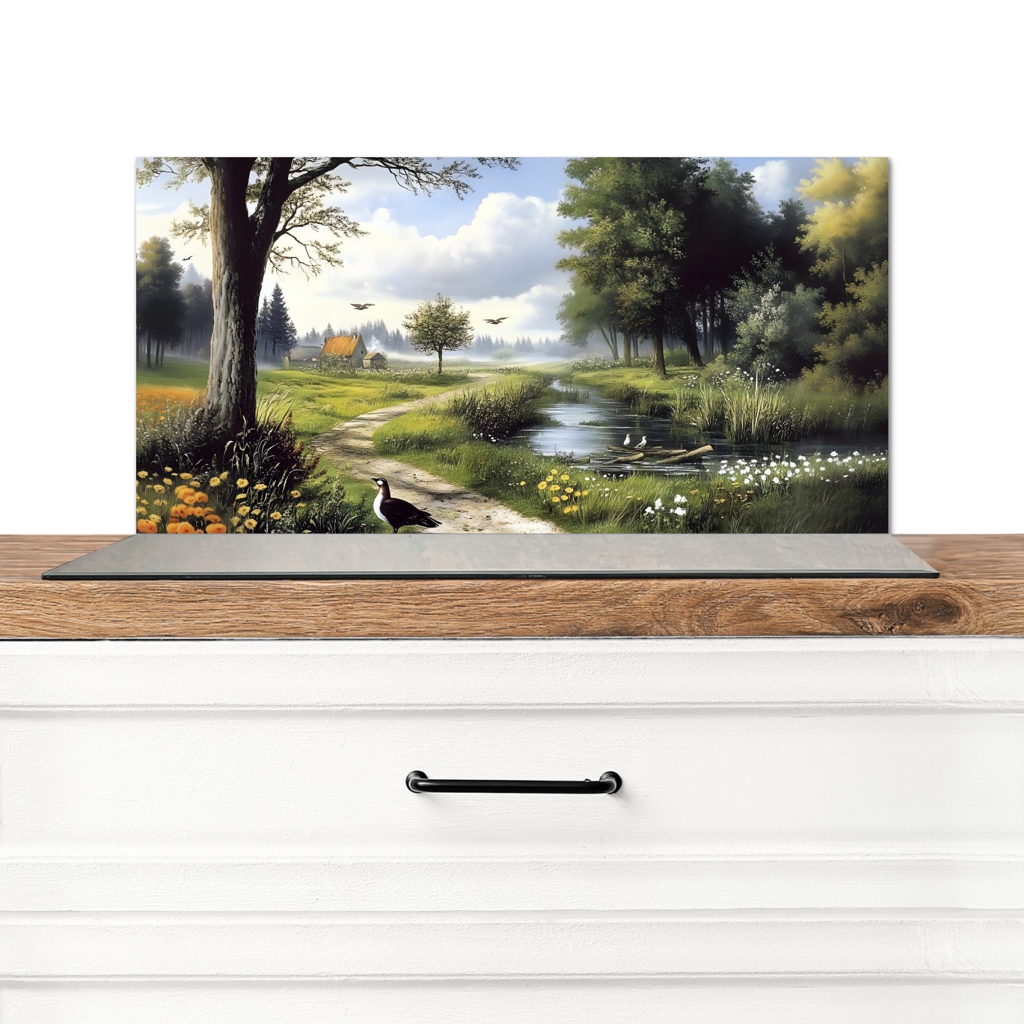 KitchenYeah Küchenrückwand Sandiger Weg - Grüne Landschaft - Wasser, (1-tlg), Spritzschutz Küchenrückwand, Wandschutz, 60x30 cm