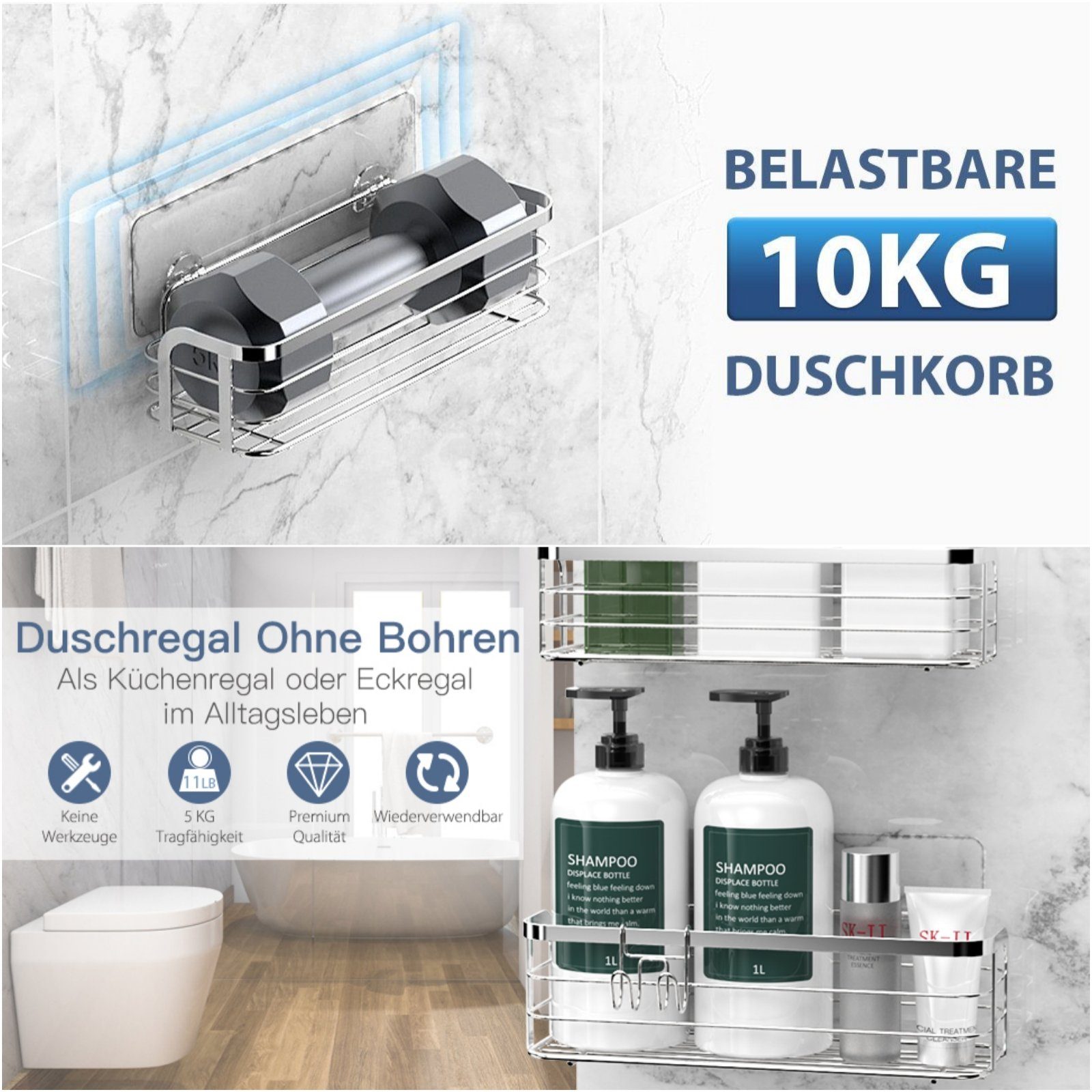 Bohren aus 10KG Elegear Ablage Duschkorb Haken, für mit mit ohne Klebhaken, Küche Edelstahl, MAX, Bad Silber Starker Zubehör Duschablage und Dusch