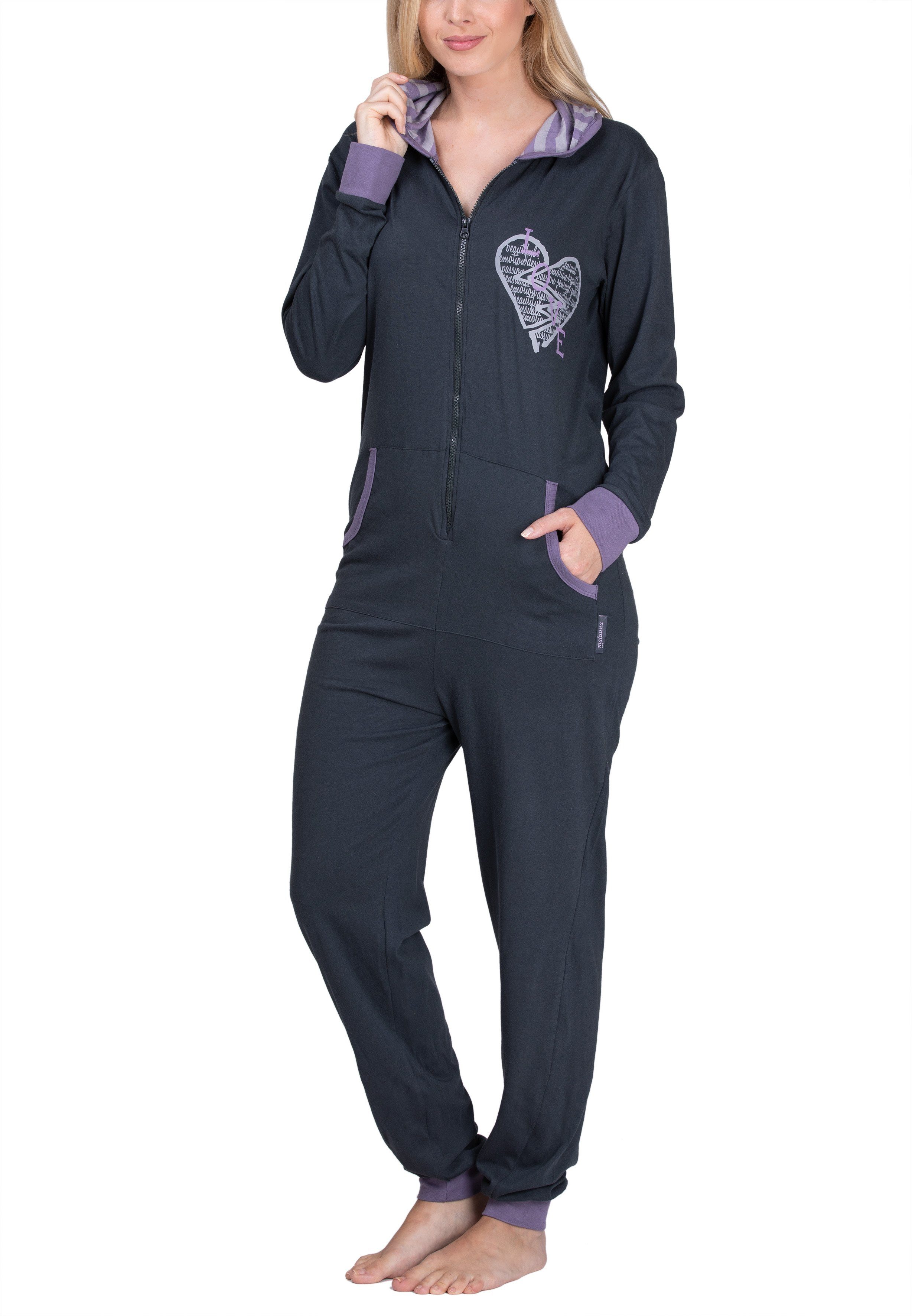 maluuna Hausanzug Jumpsuit, Onesie mit Bündchen an Arm- und Beinabschluss,100% Baumwolle