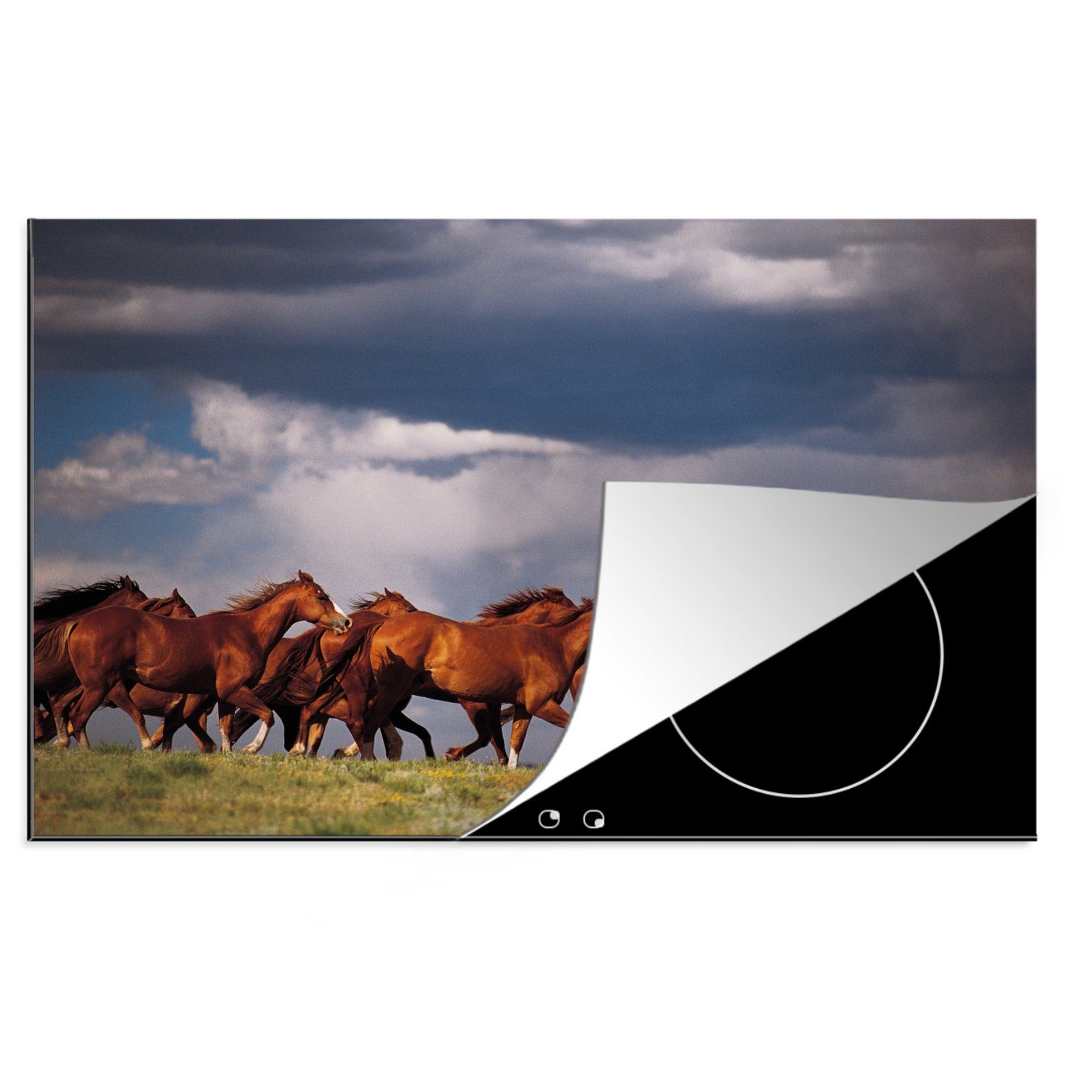 MuchoWow Herdblende-/Abdeckplatte Herde von wilden Mustang-Pferden, Vinyl, (1 tlg), 81x52 cm, Induktionskochfeld Schutz für die küche, Ceranfeldabdeckung