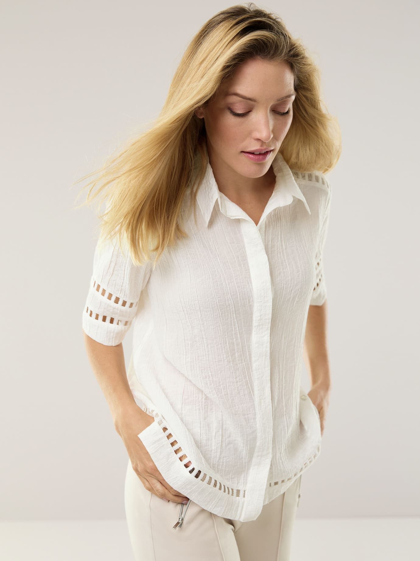 Walbusch Kurzarmbluse Damen Statement Bluse Blusenkragen Kurzarm, modern, bügelfrei, atmungsaktiv