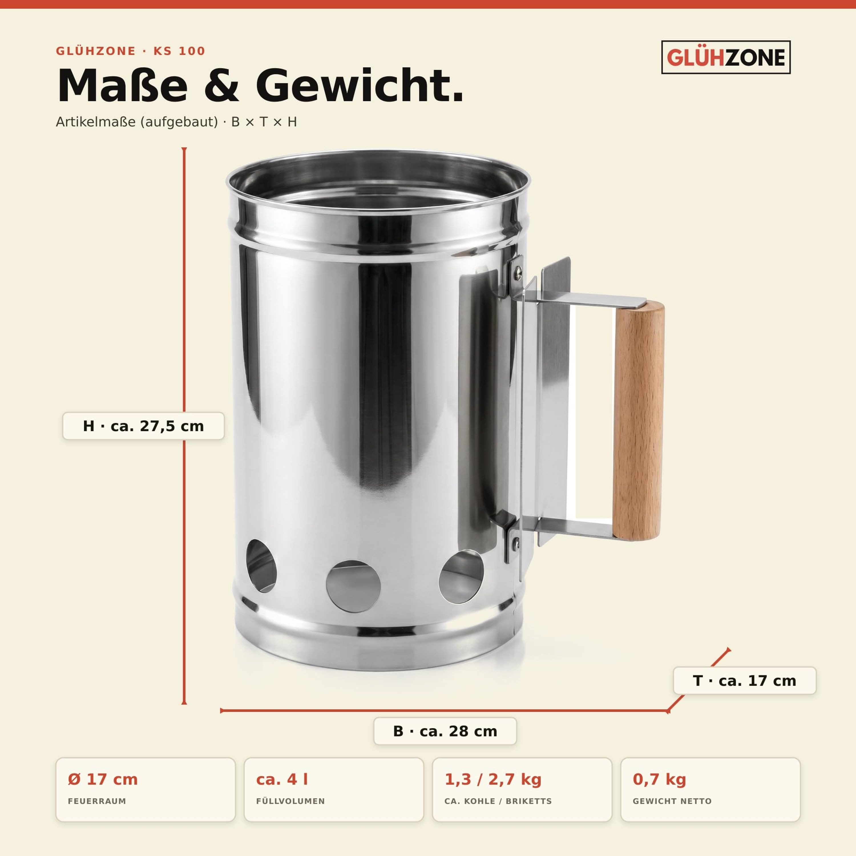 GLÜHZONE Anzündkamin KS 100, Anzündkamin aus Edelstahl mit Holzgriff