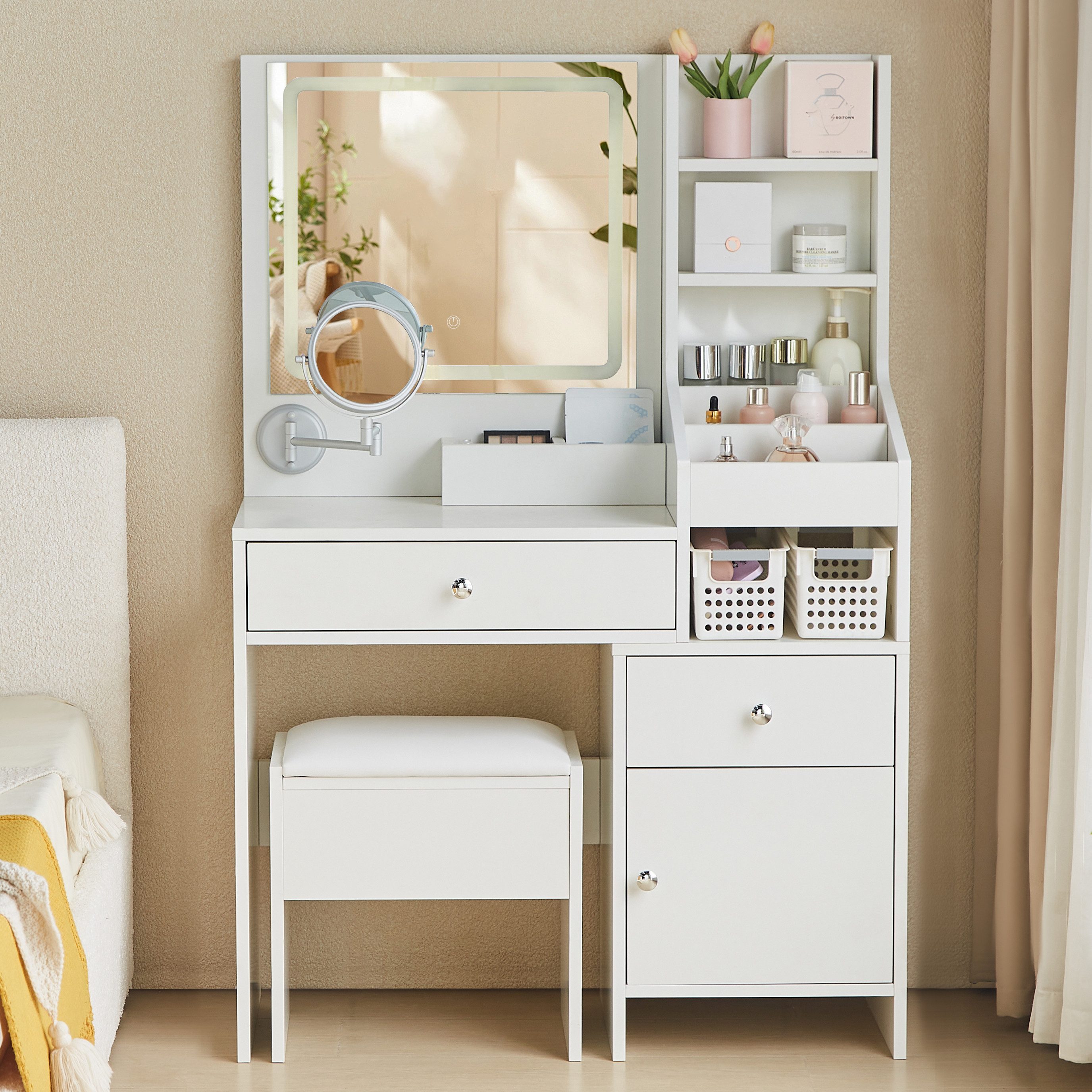 JYMTOM Schminktisch mit LED Beleuchtung Spiegel, Verstellbarer Helligkeit, 130x87x36 cm (mit Hocker), Kosmetiktisch mit 2 Schubladen, Frisiertisch mit drehbarem Spiegel