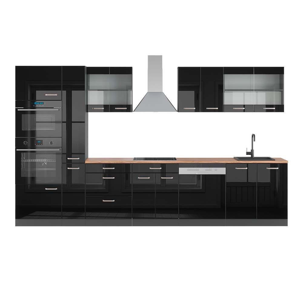 Vicco Küchenzeile R-Line, Schwarz Hochglanz/Anthrazit, 350 cm mit Hochschrank, AP Eiche
