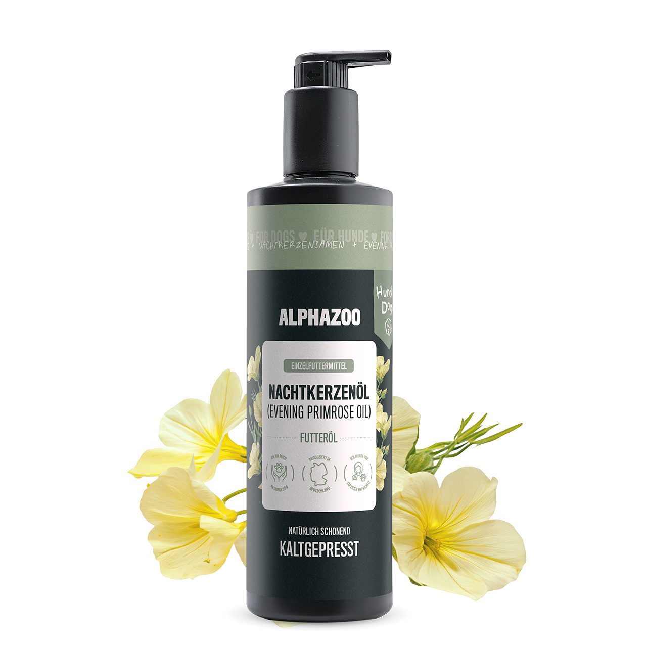 ALPHAZOO Nachtkerzenöl für Hunde 500ml, Premium Futteröl für vitale Haut und seidiges Fell, Ergänzungsfutter für: Hunde, Natürliche Fellpflege dank Omega-6 und GLA