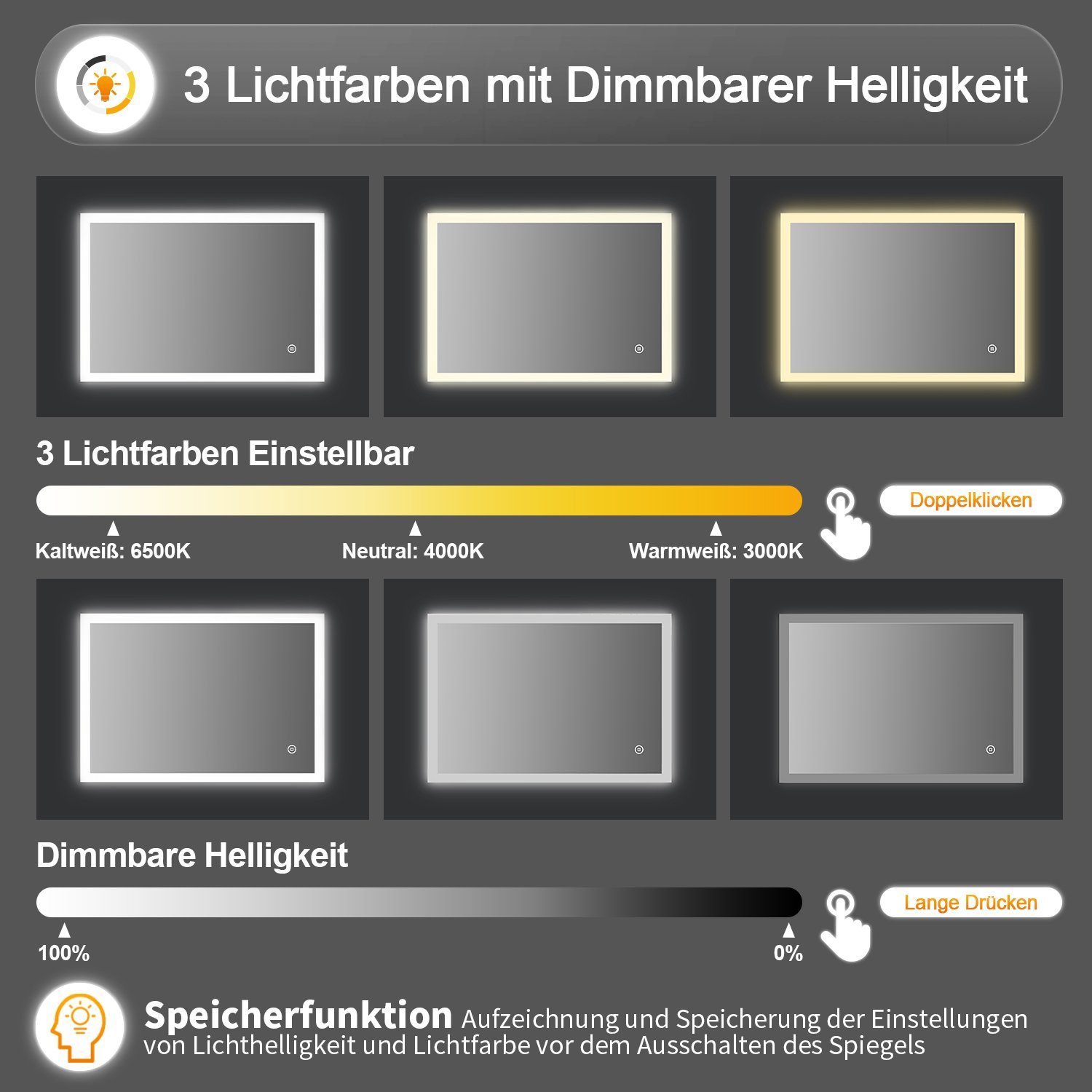 WDWRITTI Badspiegel Wandspiegel mit Beleuchtung, (Badezimmerspiegel Led Led, 3 Bad Spiegel Touch/Wandschalter), Lichtfarbe Helligkeit 80x60 dimmbar Lichtspiegel, energiesparender,IP44 Speicherfunktion