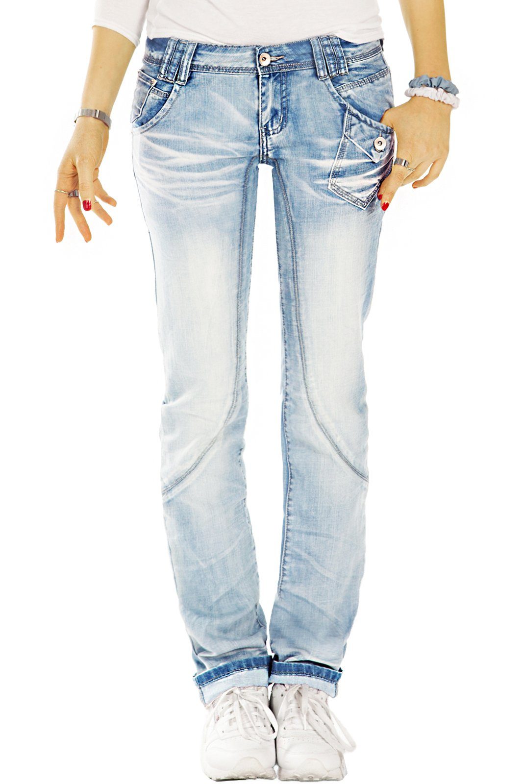 be styled Straight-Jeans low waist Jeanshosen, niedrig gerade geschnittene vintage Damenhosen j22g-1 diverse Ziernähte