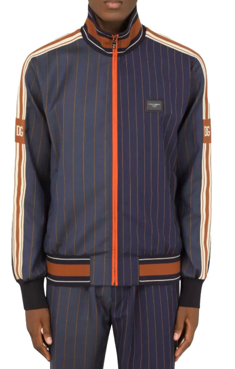 DOLCE & GABBANA Blouson Pinstripe Wolle Trackjacke Jacke mit Logo-Patch Gummiertes Dolce & Gabbana Metall Logo auf der Brust
