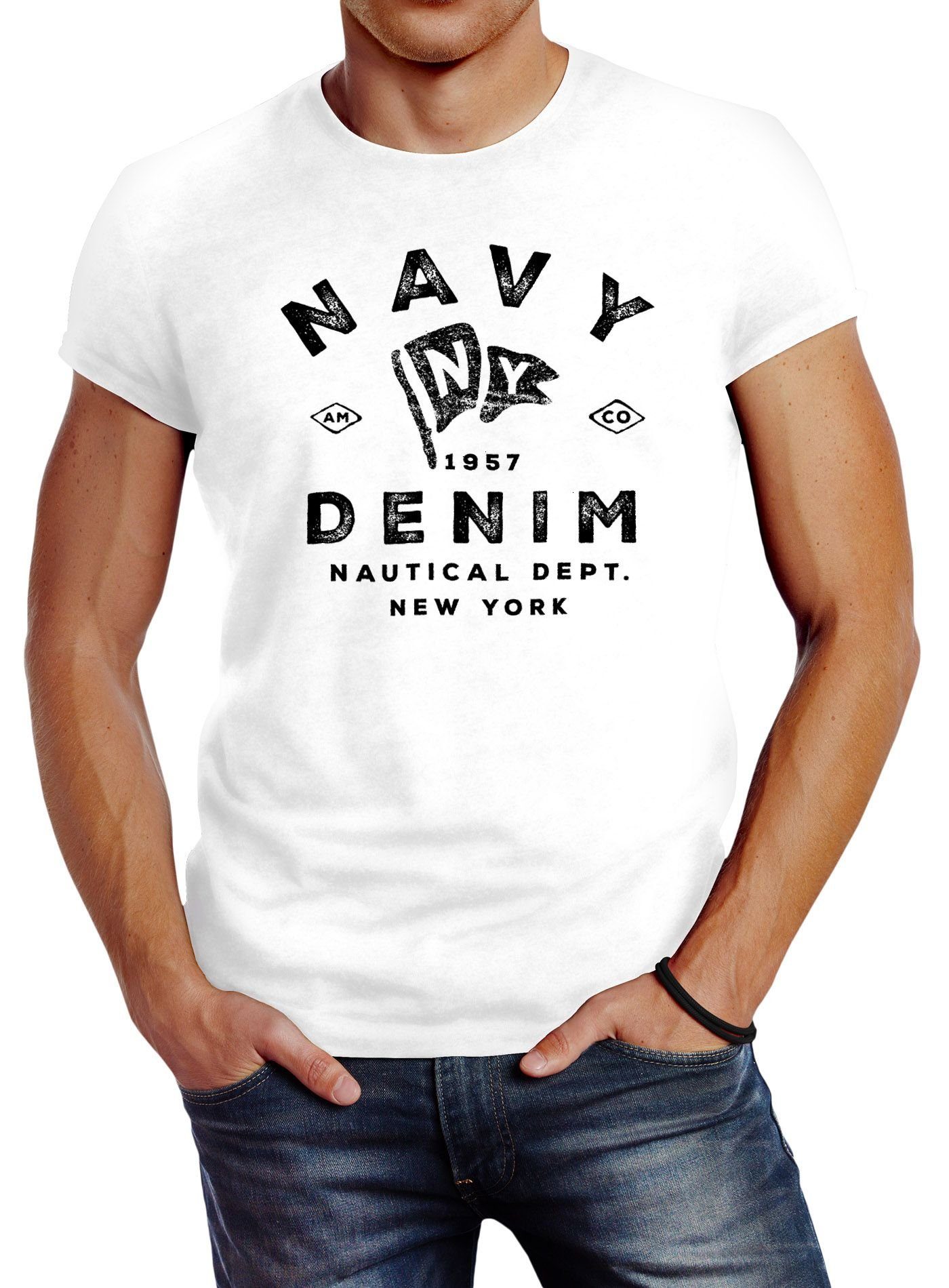 New mit Herren Neverless Vintage Neverless® weiß Print York Denim Schriftzug Print-Shirt Motiv Navy Nautical T-Shirt