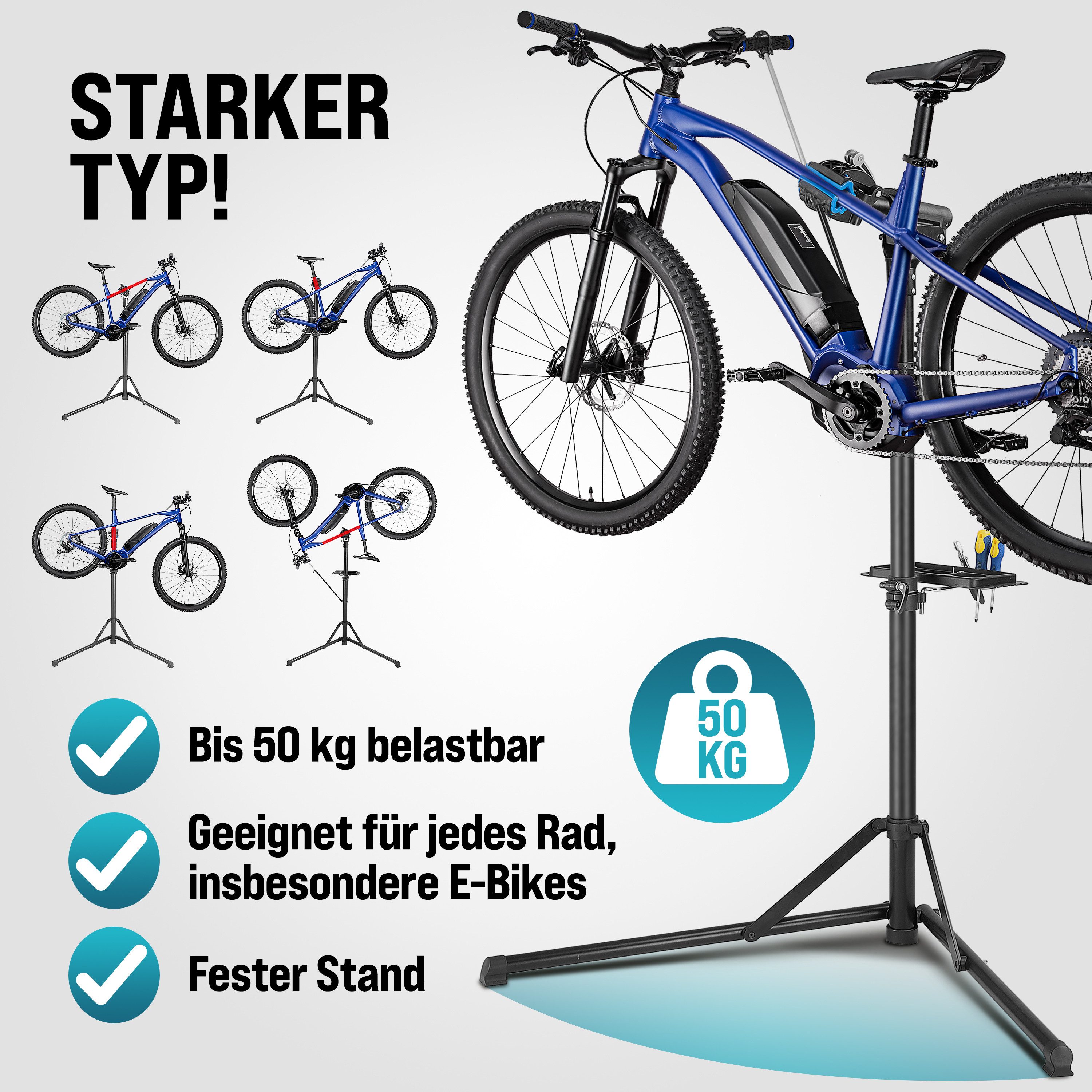 monzana Fahrrad-Montageständer, Klappbar 50 kg Schnellspanner Lenkerhalter 30-70mm Werkzeugschale – Bild 2 von 5