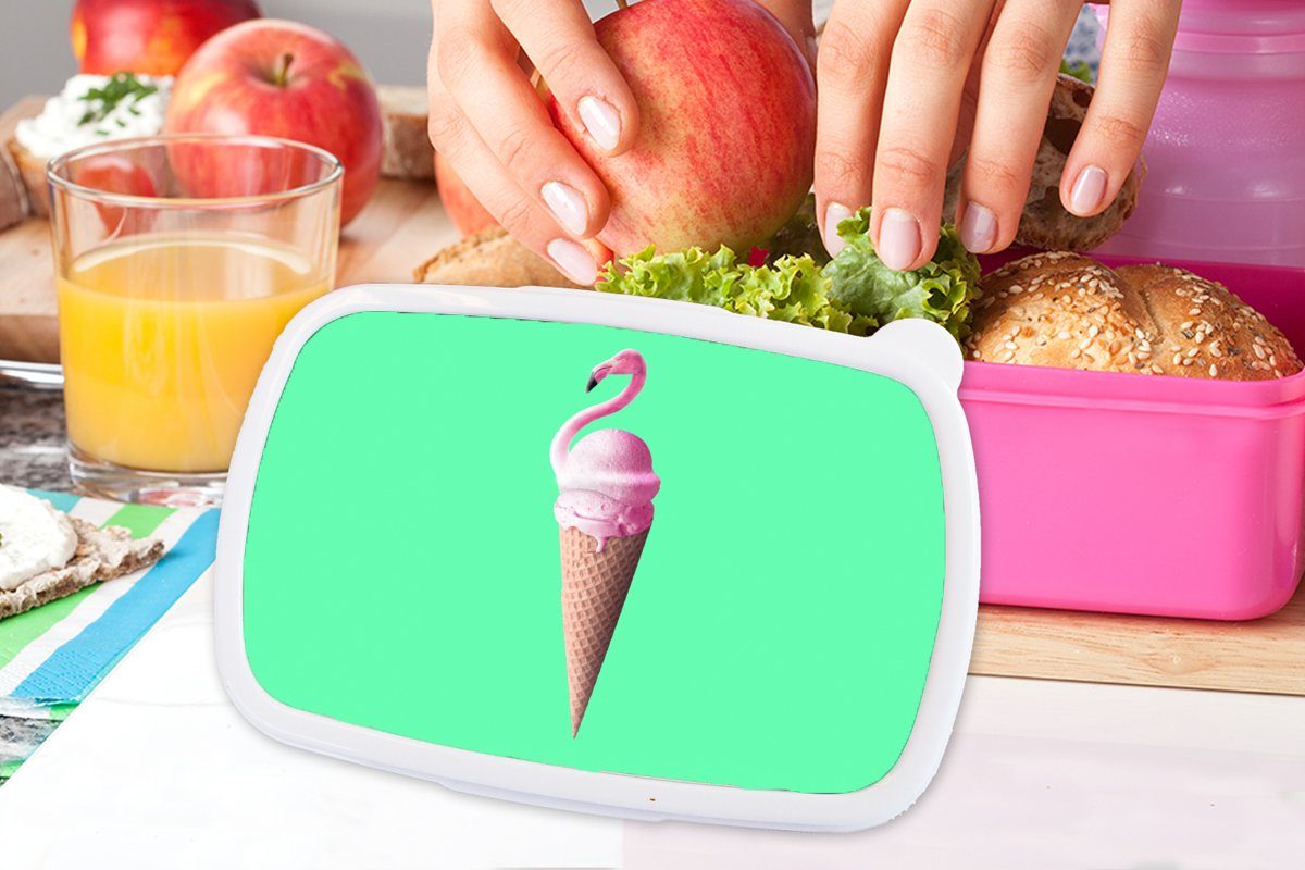 Kinder, Mädchen, Eistüten - Brotdose MuchoWow - Snackbox, Kunststoff, Erwachsene, Grün, Flamingo (2-tlg), - für Brotbox - Lunchbox Rosa Kunststoff Eiscreme