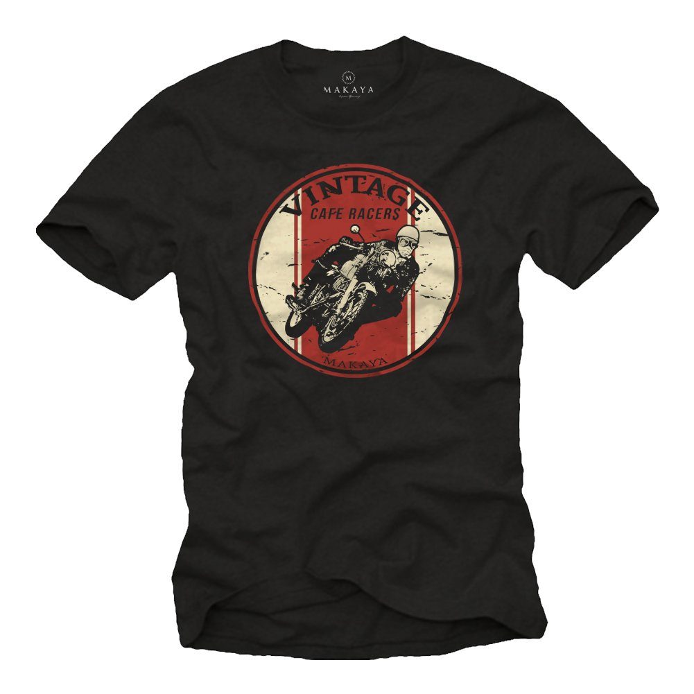 MAKAYA T-Shirt Biker Baumwolle Motiv Aufdruck aus Herren Vintage mit Männer Motorrad Racer Druck, Schwarz Bekleidung