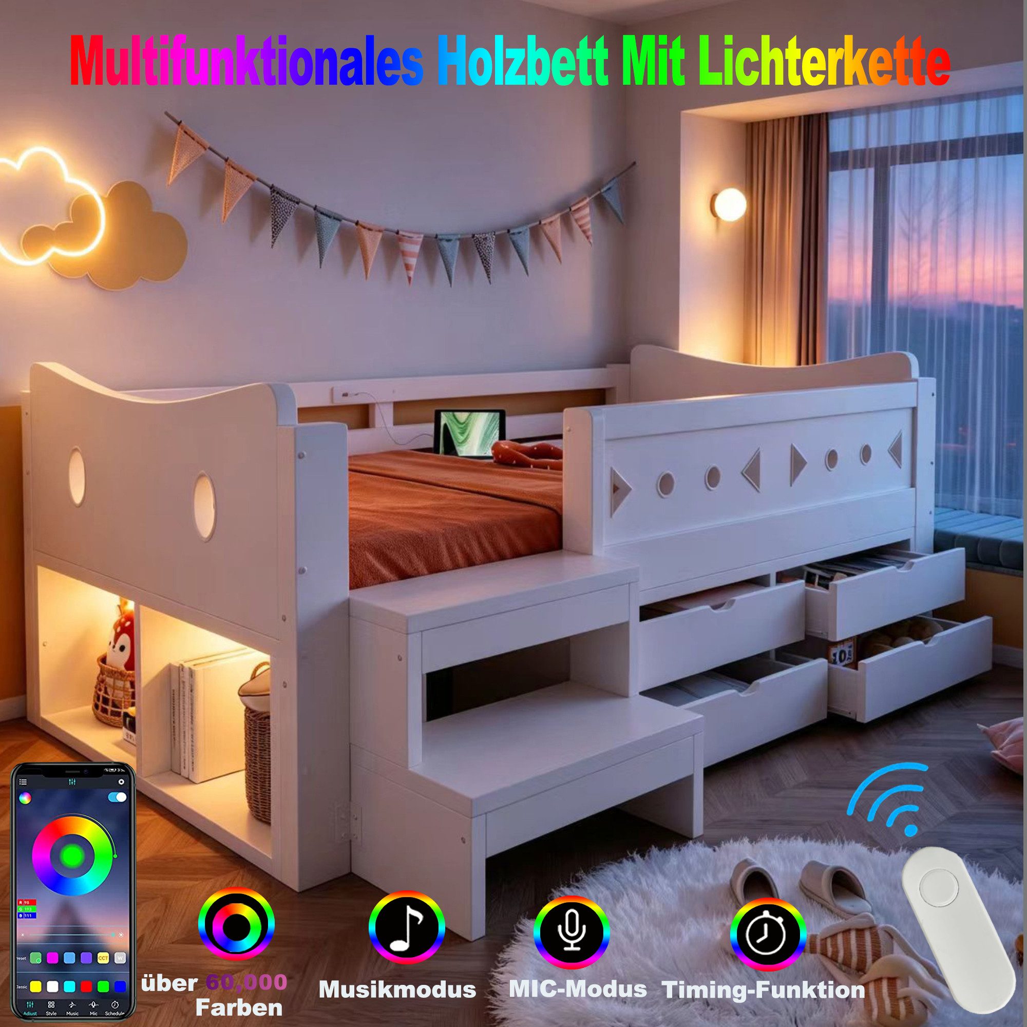 Merax Kinderbett 90×200cm mit LED-Beleuchtung und USB- & Typ-C-Anschluss (1-tlg., Einzelbett Hausbett aus Kiefernholz), Jugendbett mit 4 Schubladen, Sicherheits – Bild 4 von 5