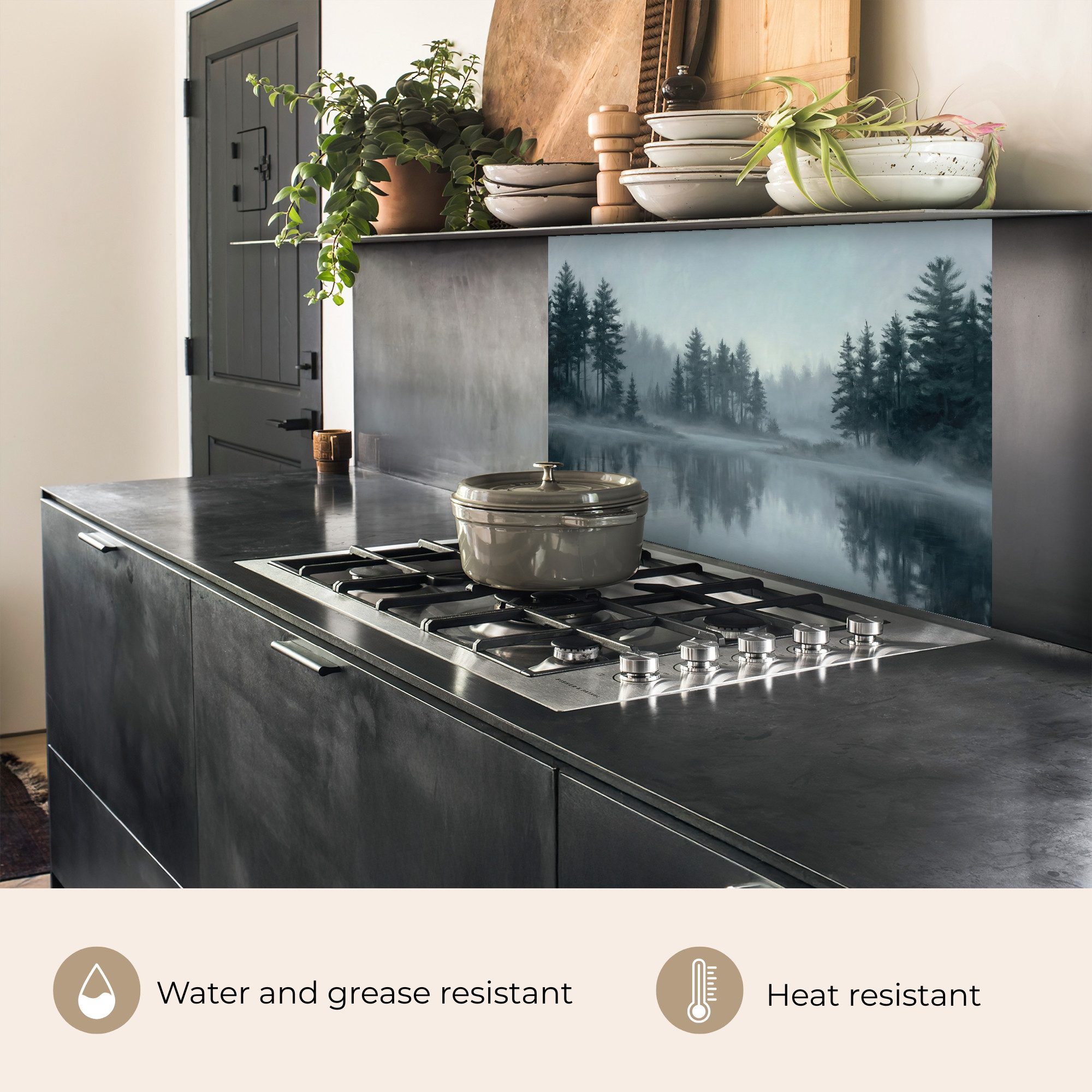 KitchenYeah Küchenrückwand selbstklebend (keine Folie) Wald - See - Nebel - Natur - Grau, (1-tlg), Spritzschutz, Küche, Rückwand, Küchenwand, Küchenfront, 80x60 cm