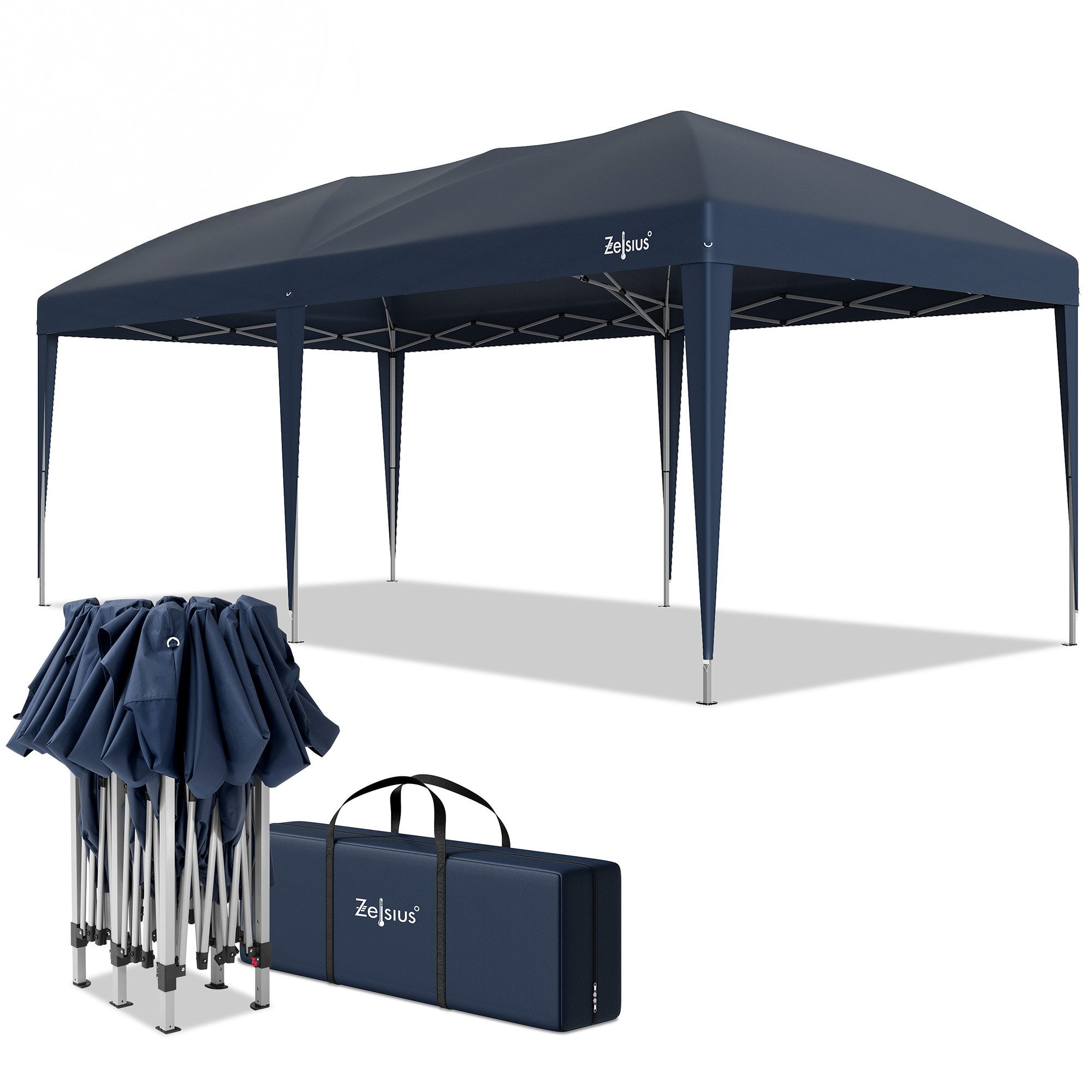 Zelsius Faltpavillon Faltbarer Pavillon 3 x 6 m, Blau, Pop-Up Faltpavillon, Gartenzelt, Löcher in den Füßen zur sicheren Befestigung mit Heringen