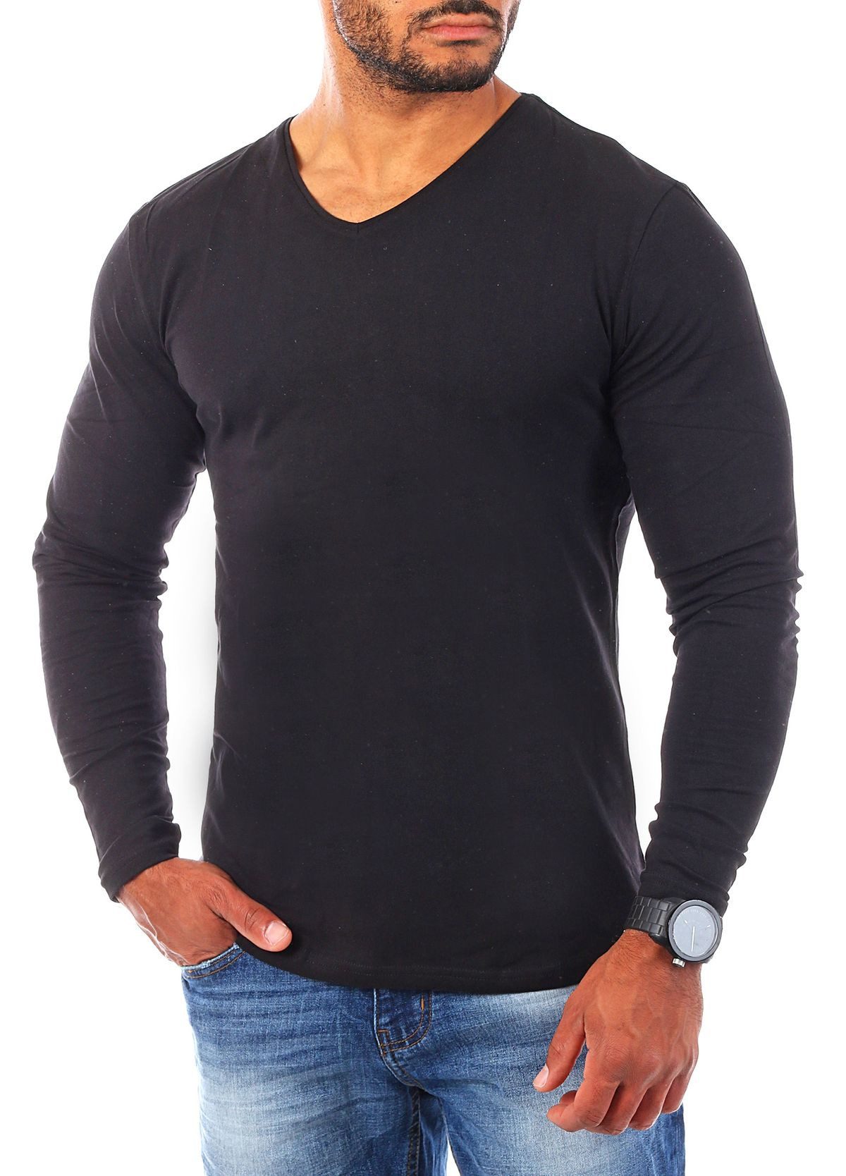 Young & Rich Langarmshirt Herren Uni Basic Longsleeve V-Ausschnitt V-Neck Unterziehshirt 2001 Rundhalsauschnitt unifarben langarm slim fit