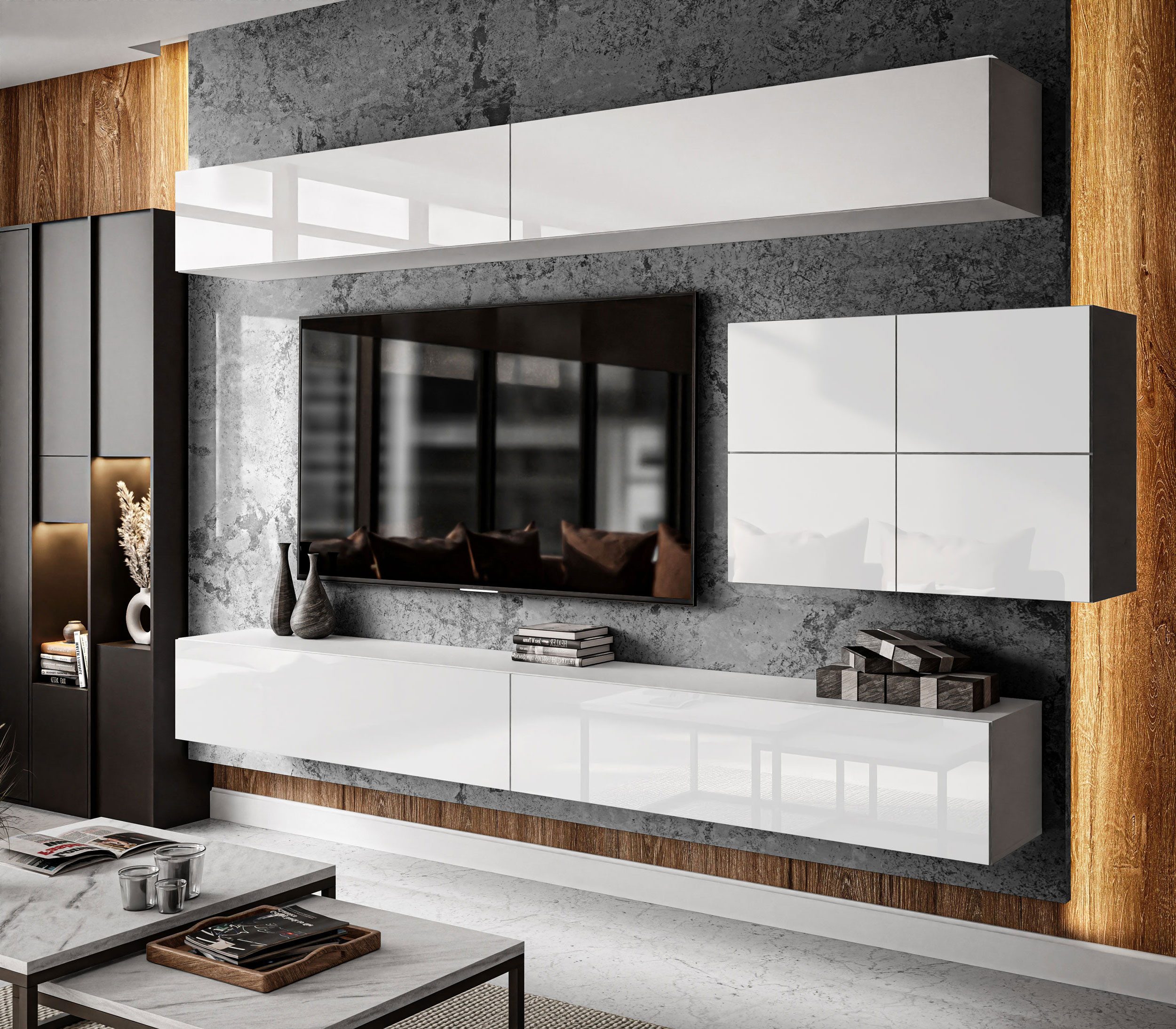 Lookway Wohnwand COLGANTE IV Elegante Hochglanz-Schrankwand mit LED Belucht günstig online kaufen