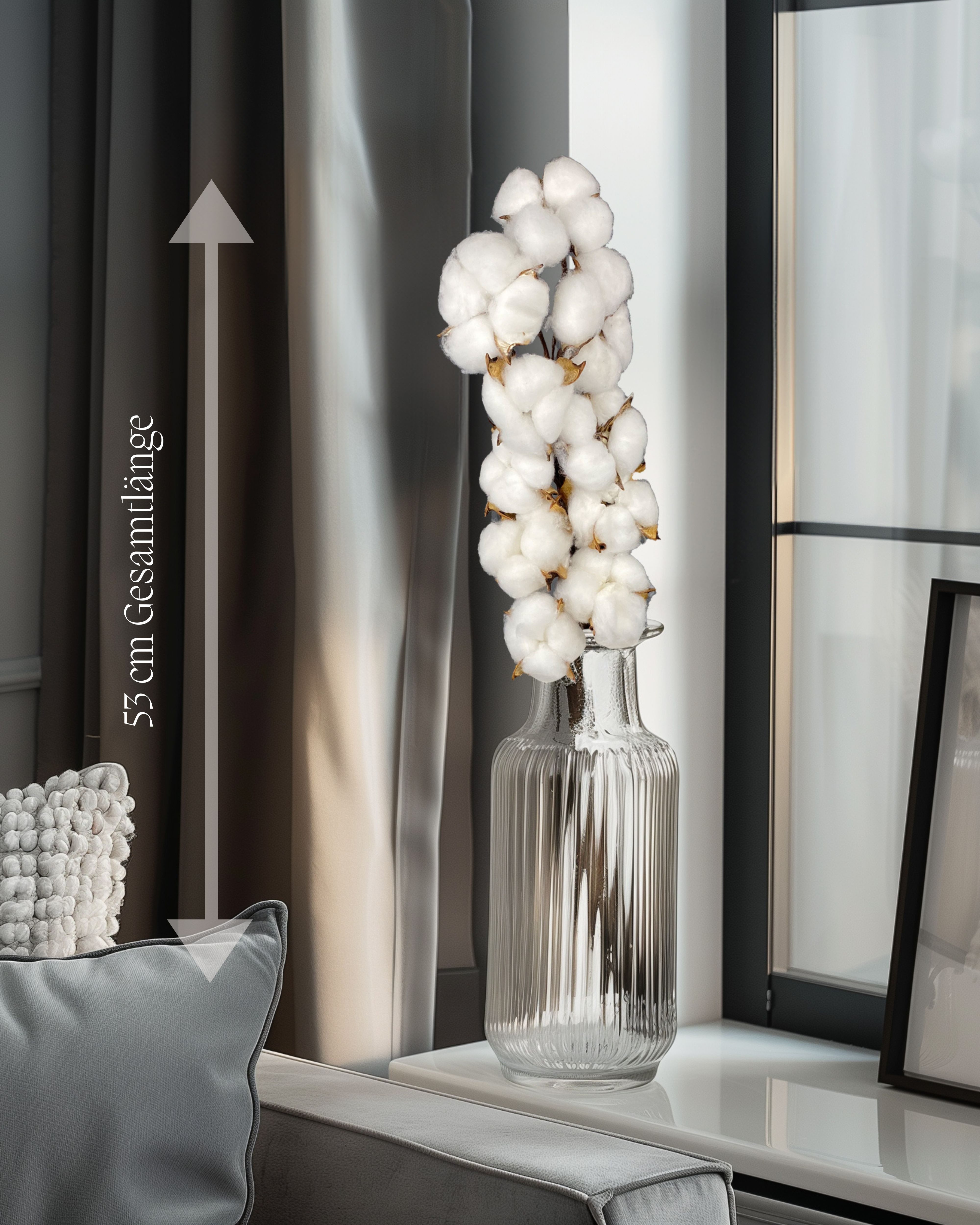 Trockenblume Deko Baumwollzweig – Trockenblume für Vase & Deko, Trockenblumenstrauß Baumwollzweig, Nina-Maria's Deko Gold, Höhe 53 cm, jeder Stiel hat 10 Köpfe