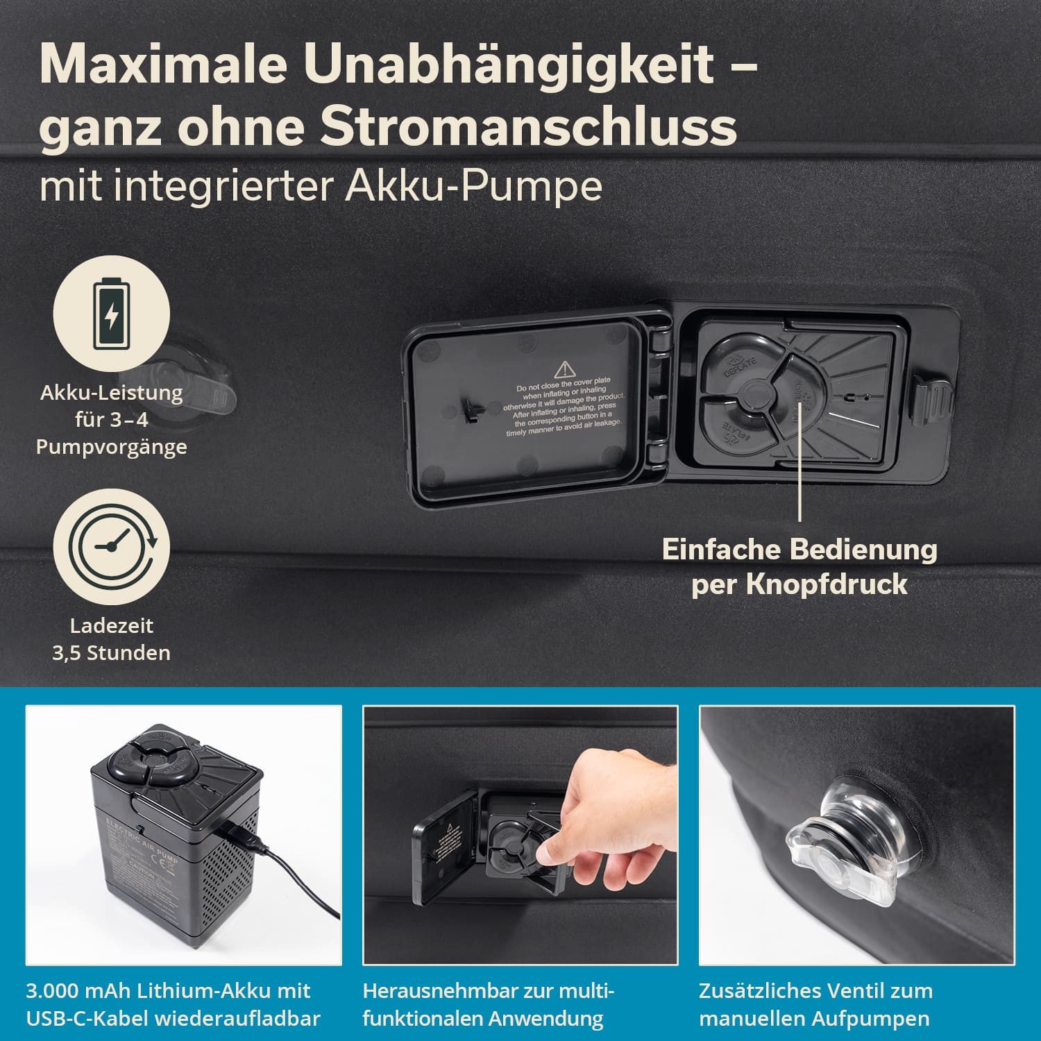 Skandika Luftmatratze Sveja Flex / Plus / Premium, selbstaufblasend mit Pumpe, (Unterseite rutschhemmend, Oberseite: Soft-Touch, beflockt), 300 belastbar, Tragetasche, Kabelfach, Luftkammersystem 6 Kammern