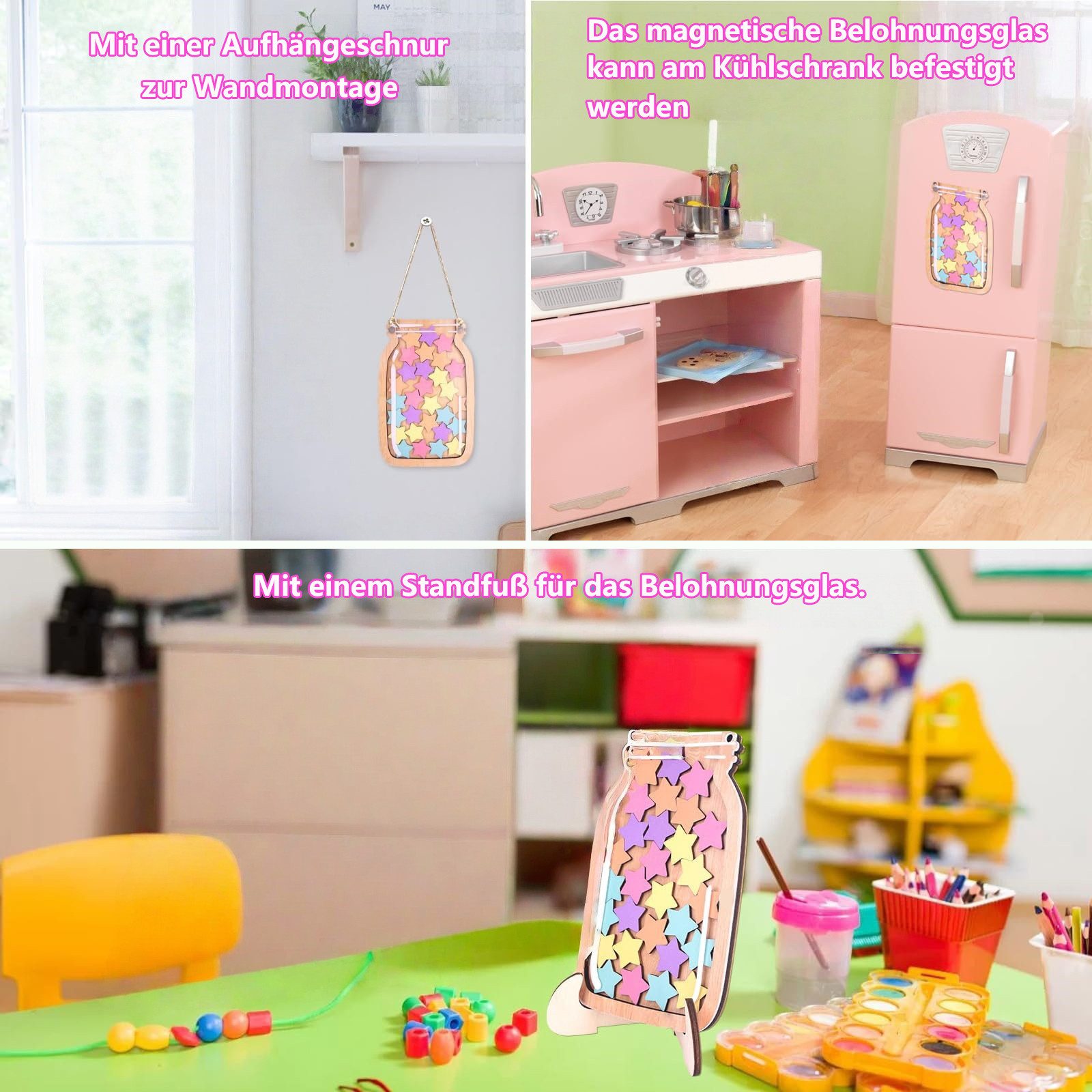 FOUORTUNATE-BEE Magnettafel Belohnungsglas Magnetisch Kinder Belohnungssystem, (Grundschule Lehrerbedarf Belohnungsglas mit Holzhalter und 30 Sterne, Belohnungs – Bild 5 von 5