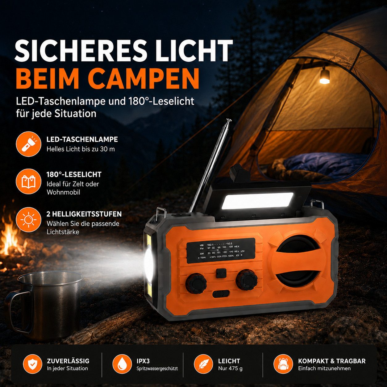 Tekoo Notfallradio Kurbelradio mit 4000mAh Powerbank & Solarpanel Notfallradio (AM, FM, Wetterradio (WB), manuelle Sendersuche, 2 W, 4000mAh Akku, 3 Beleuchtungsmodi, IPX3, Notfall-Wetterradio)