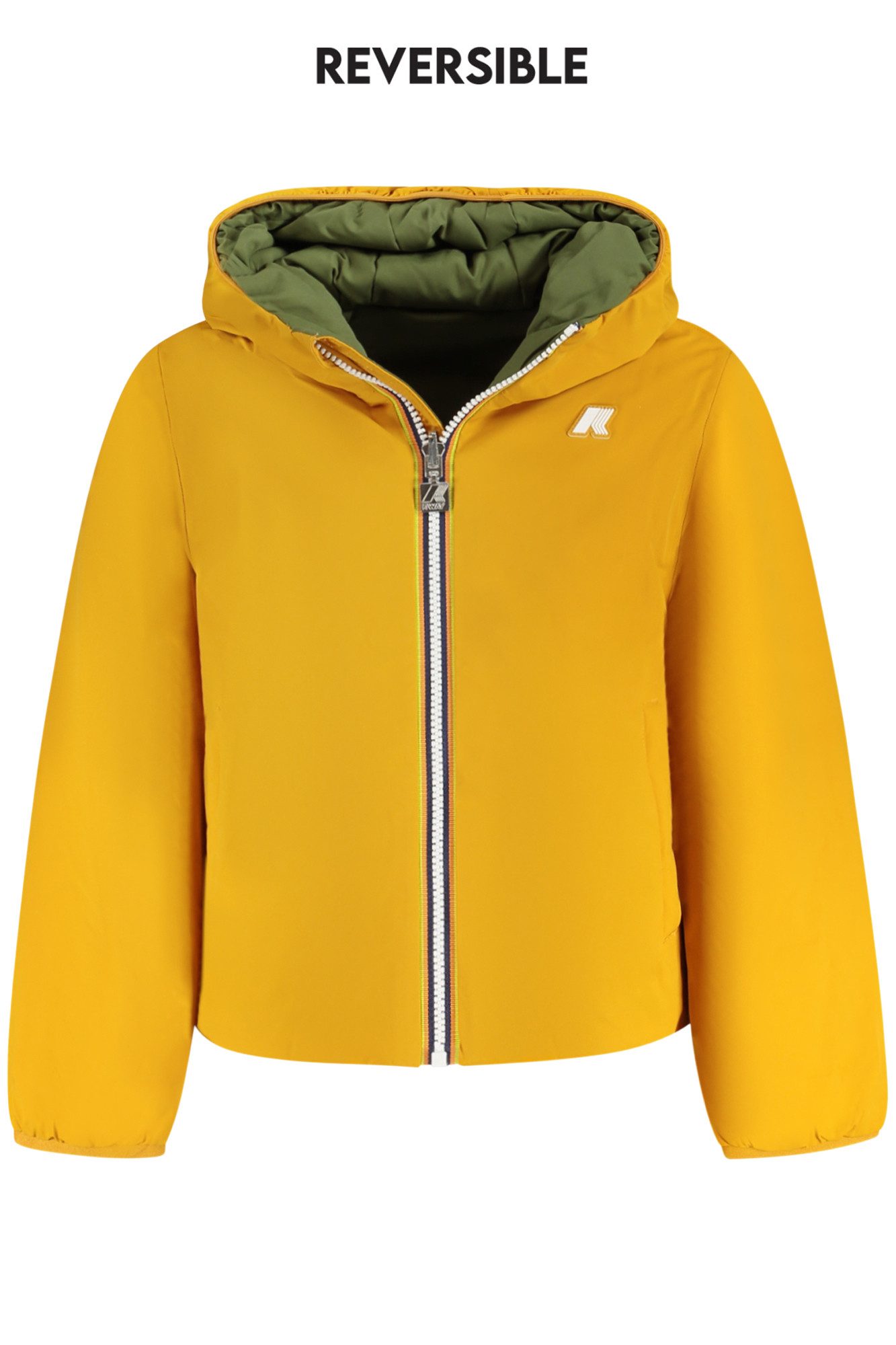 K-Way Outdoorjacke Wendbare gelbe Kinderjacke mit Kapuze und Taschen – Gefüttert