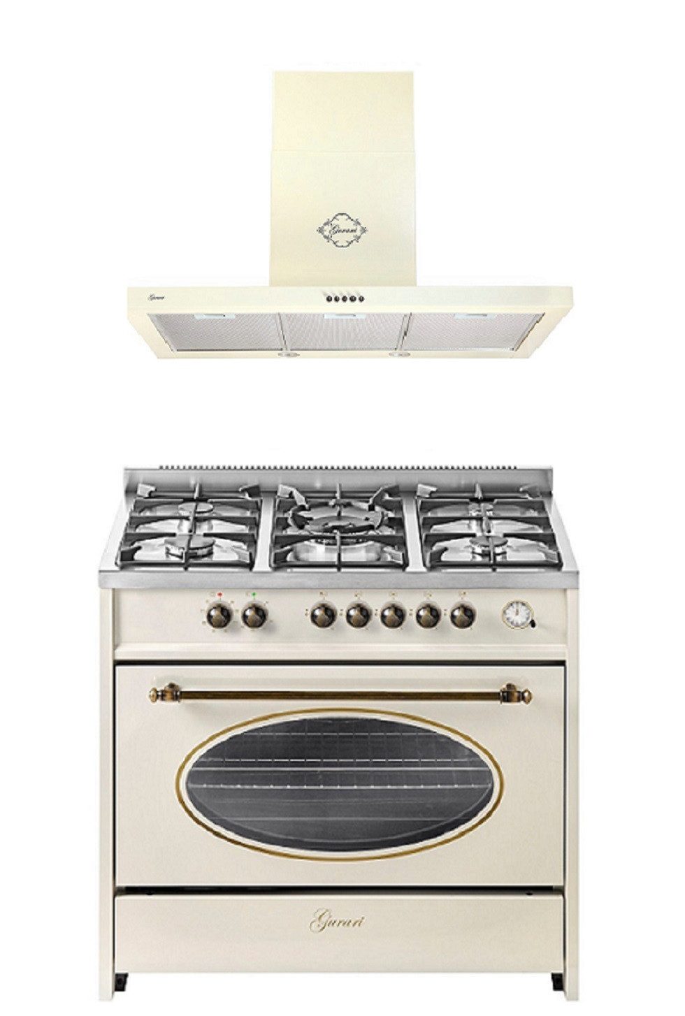 GURARI Gas-Standherd Retro Gas Elektro Standherd 90 cm, 8 Funktionen+Dunstabzugshaube 90cm GCH E 914 Cr R+GCH 461 BG 9., mit 1-fach-Teleskopauszug