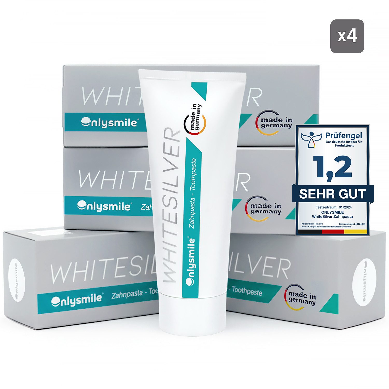 OnlySmile Zahnpasta mit Silber - Optimale tägliche Zahnreinigung für Kariesschutz, (4-St)