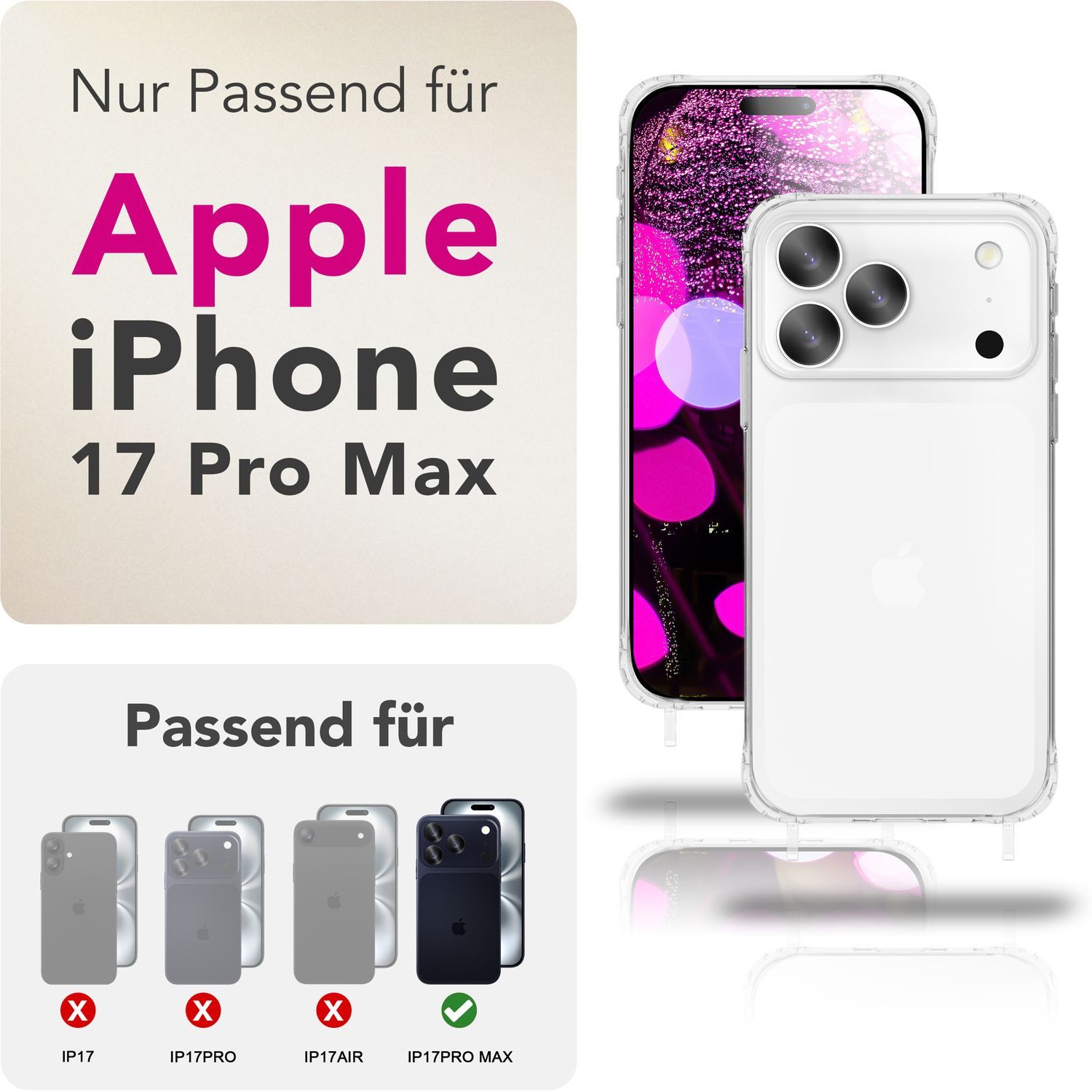 Nalia Smartphone-Hülle Apple iPhone 17 Pro Max 17,5 cm (6,9 Zoll), Klare Hülle mit Band zum Umhängen / 160cm Handy Kette Verstellbar