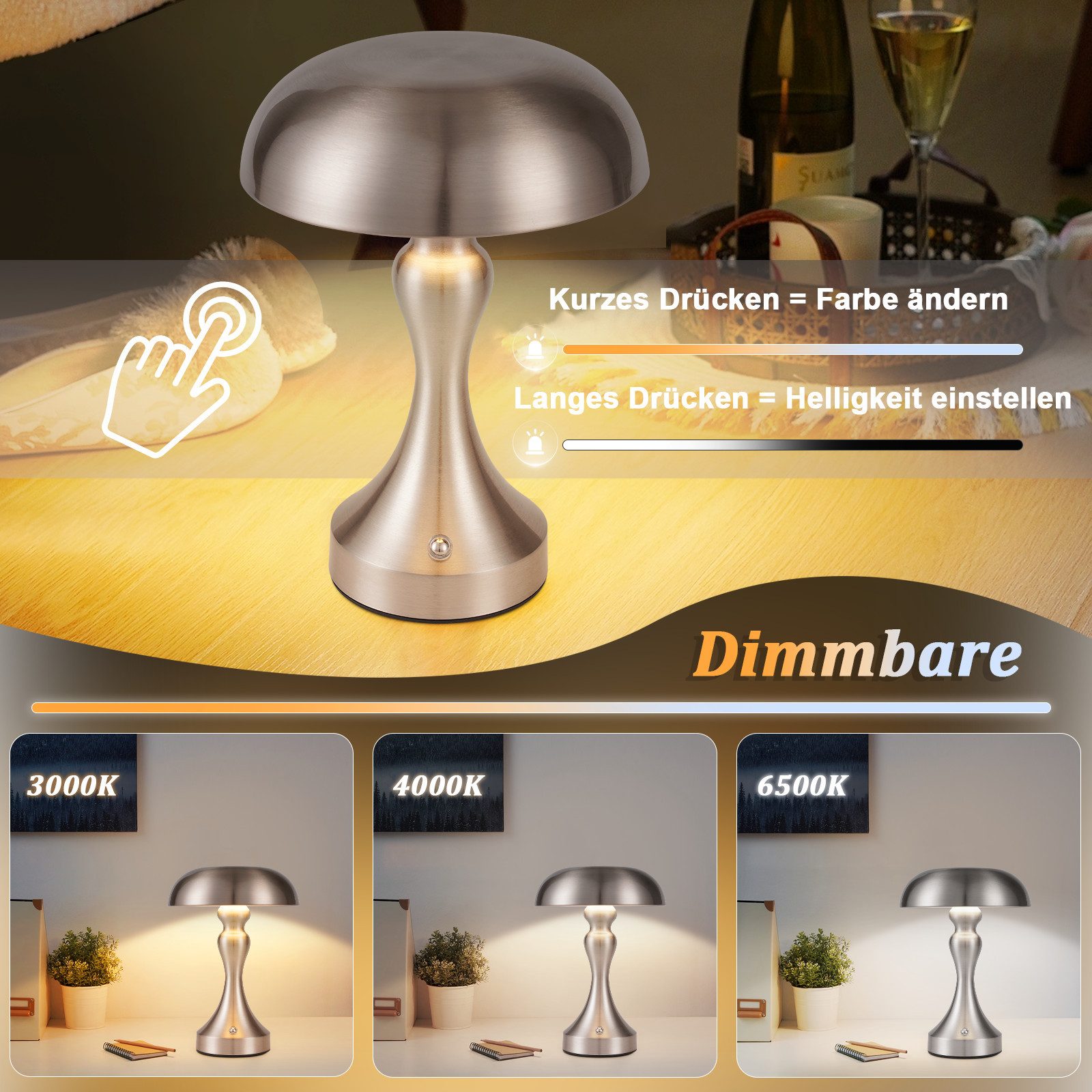 Nettlife LED Nachttischlampe Touch Dimmbar Kabellos Akku Tischleuchte Vinta günstig online kaufen